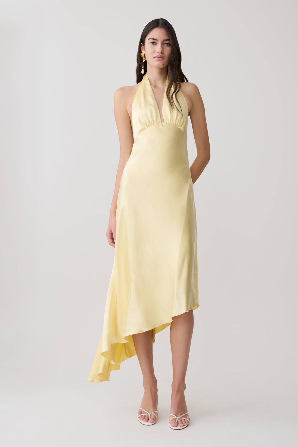 Adelie Asymmetric Hem Halter Midi Dress - Butter
