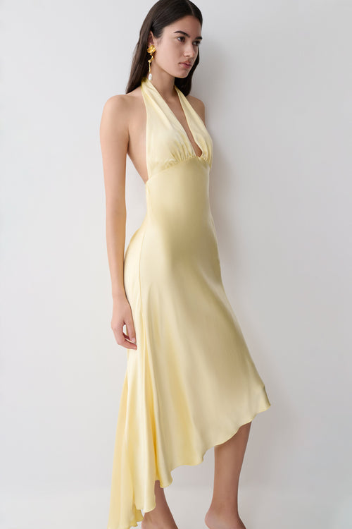 Adelie Asymmetric Hem Halter Midi Dress - Butter