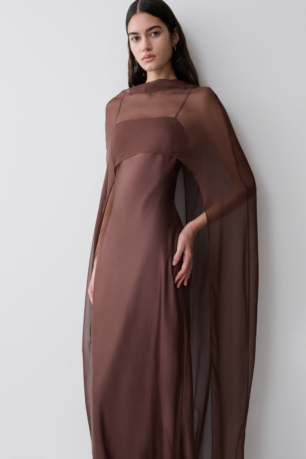 Martinne Chiffon Cape Maxi Dress - Mocha