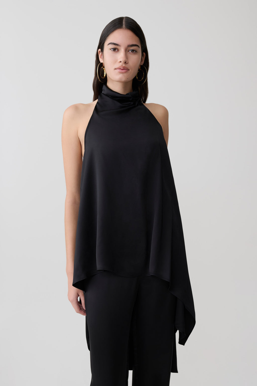 Sydney Asymmetrical Satin Halter Top - Black