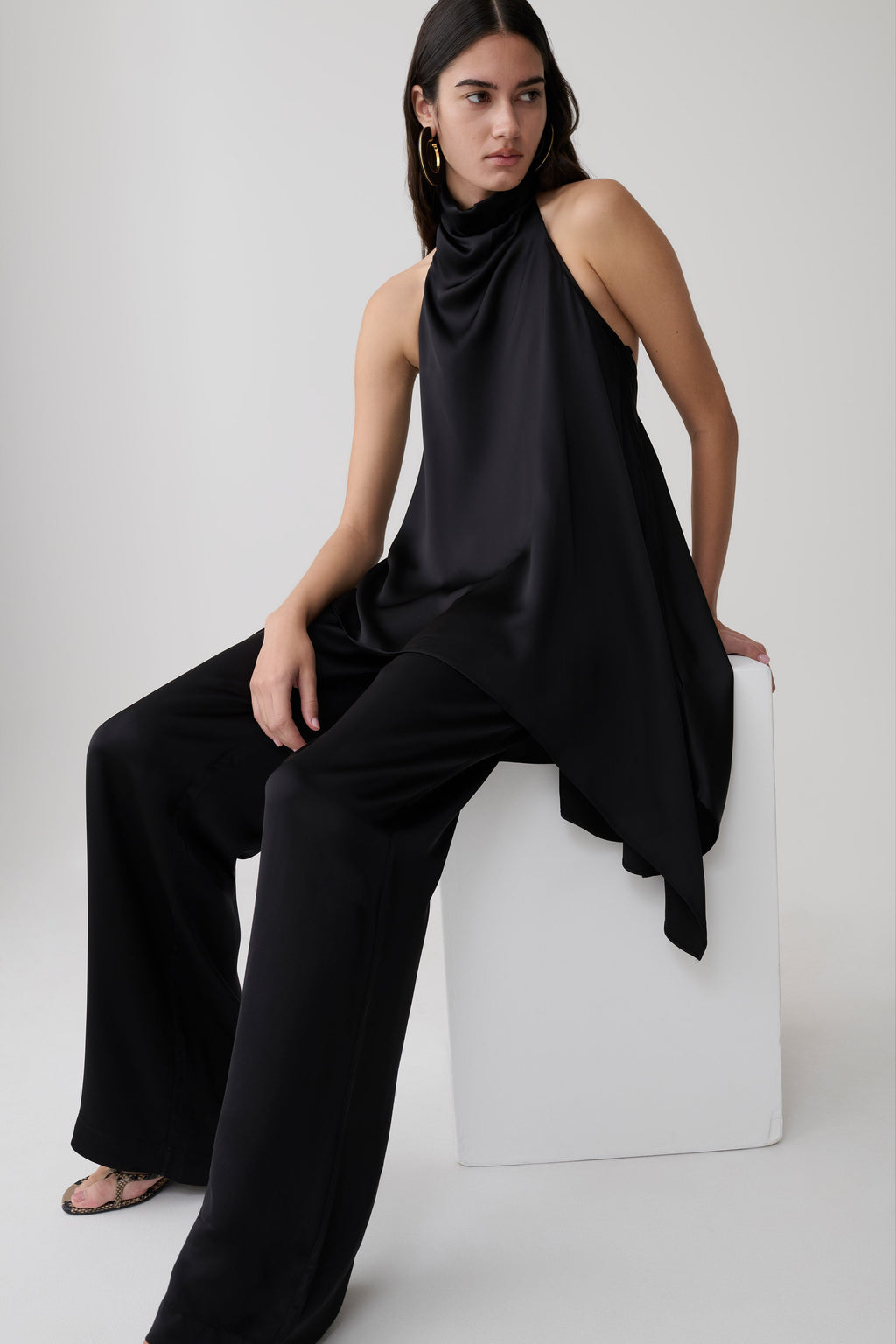 Sydney Asymmetrical Satin Halter Top - Black