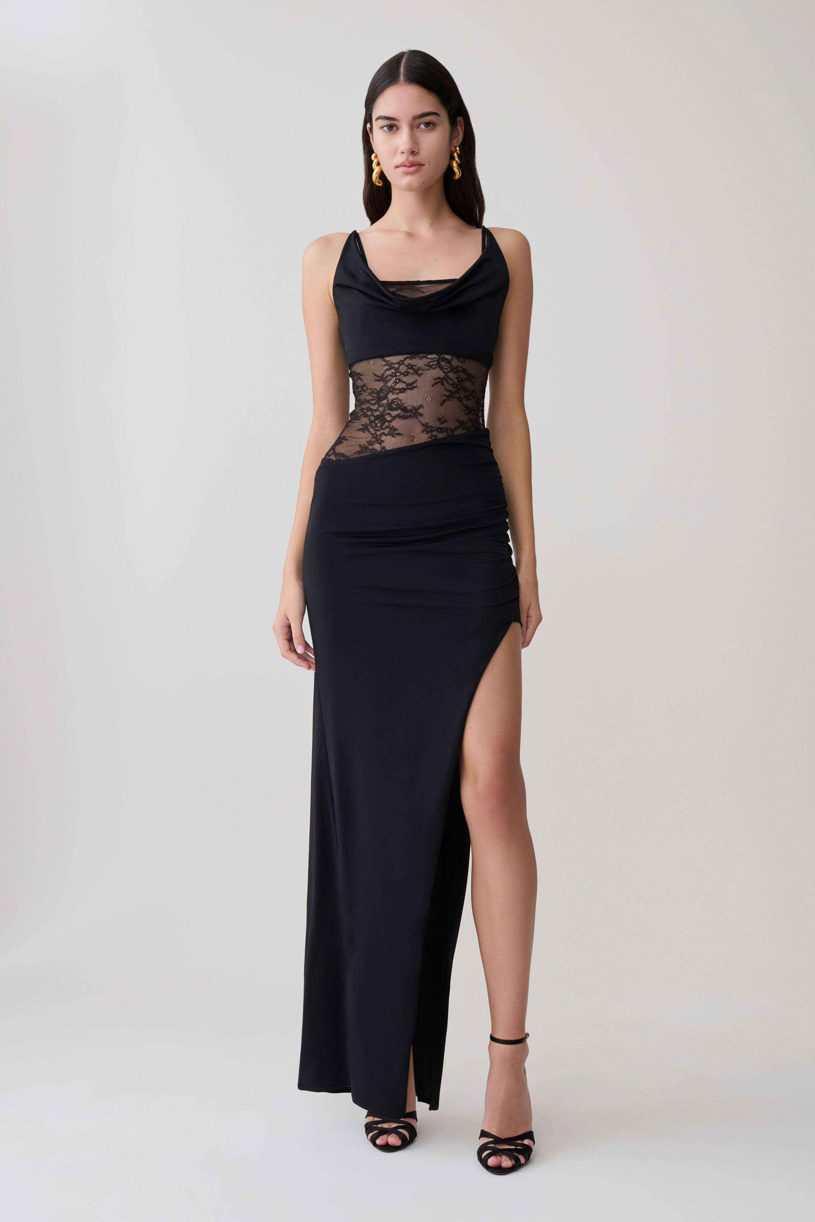 Kelela Draped Slinky And Lace Maxi Dress - Black
