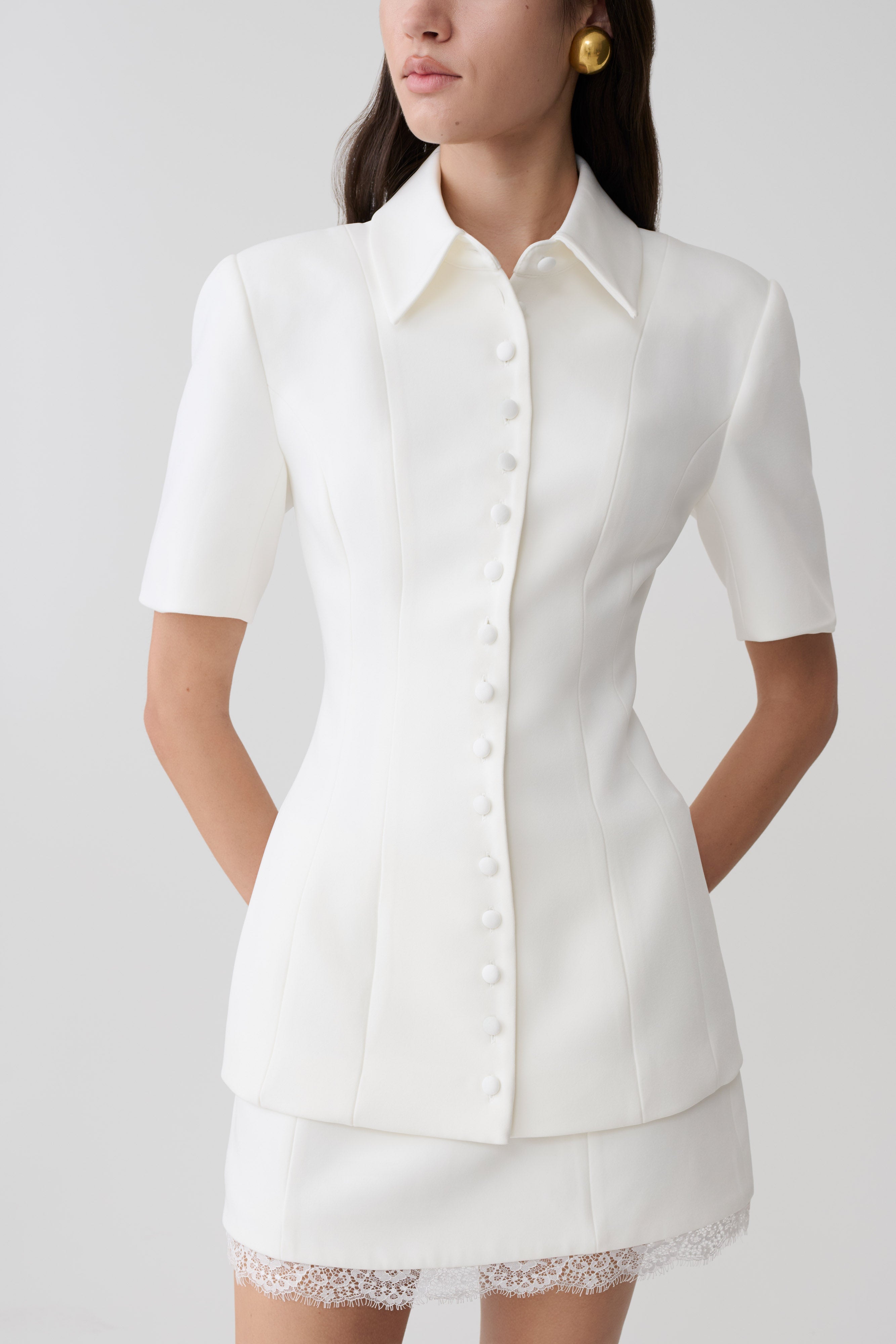 Ariella Button Up Short Sleeves Top - White