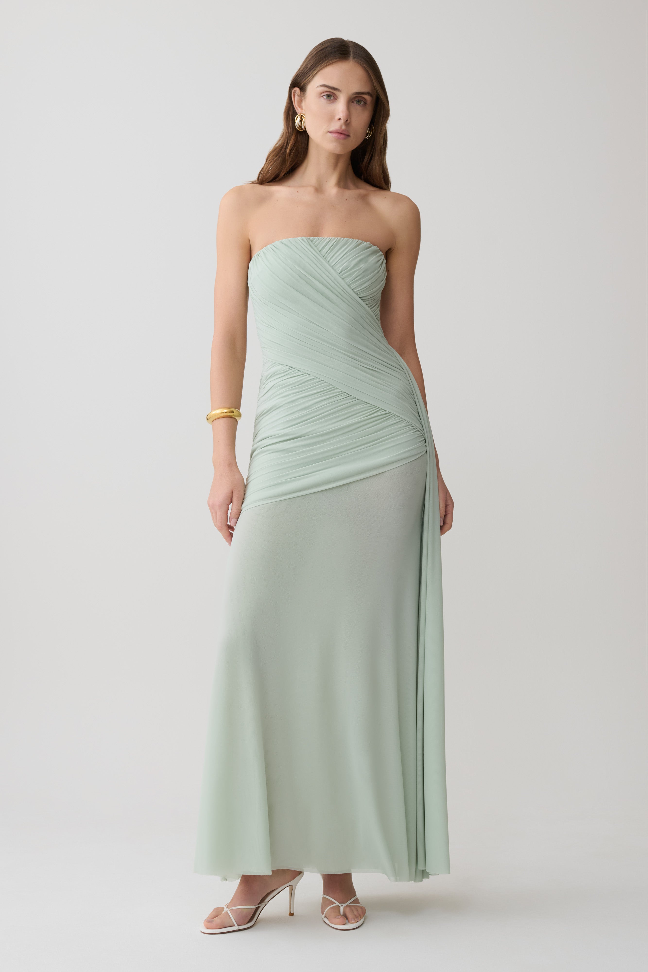 Monet Strapless Ruched Mesh Maxi Dress - Aqua Grey