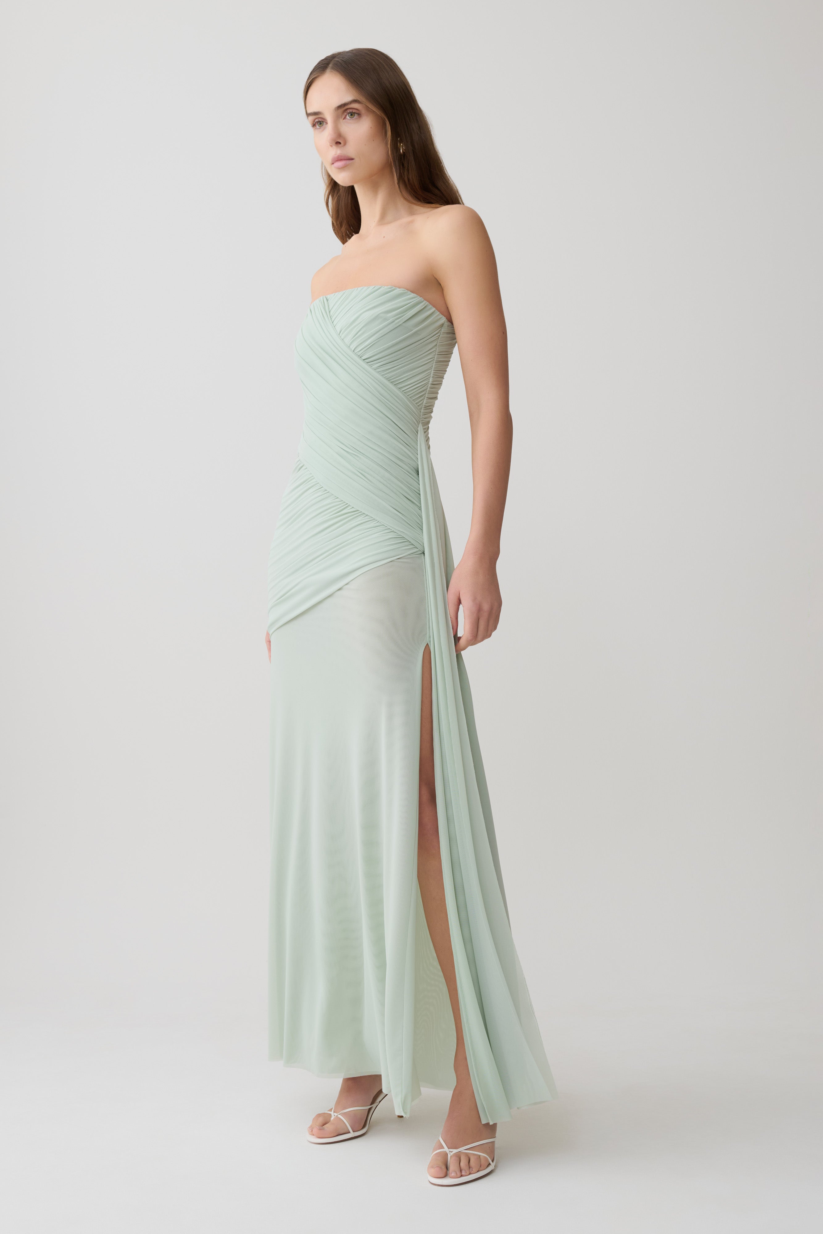 Monet Strapless Ruched Mesh Maxi Dress - Aqua Grey