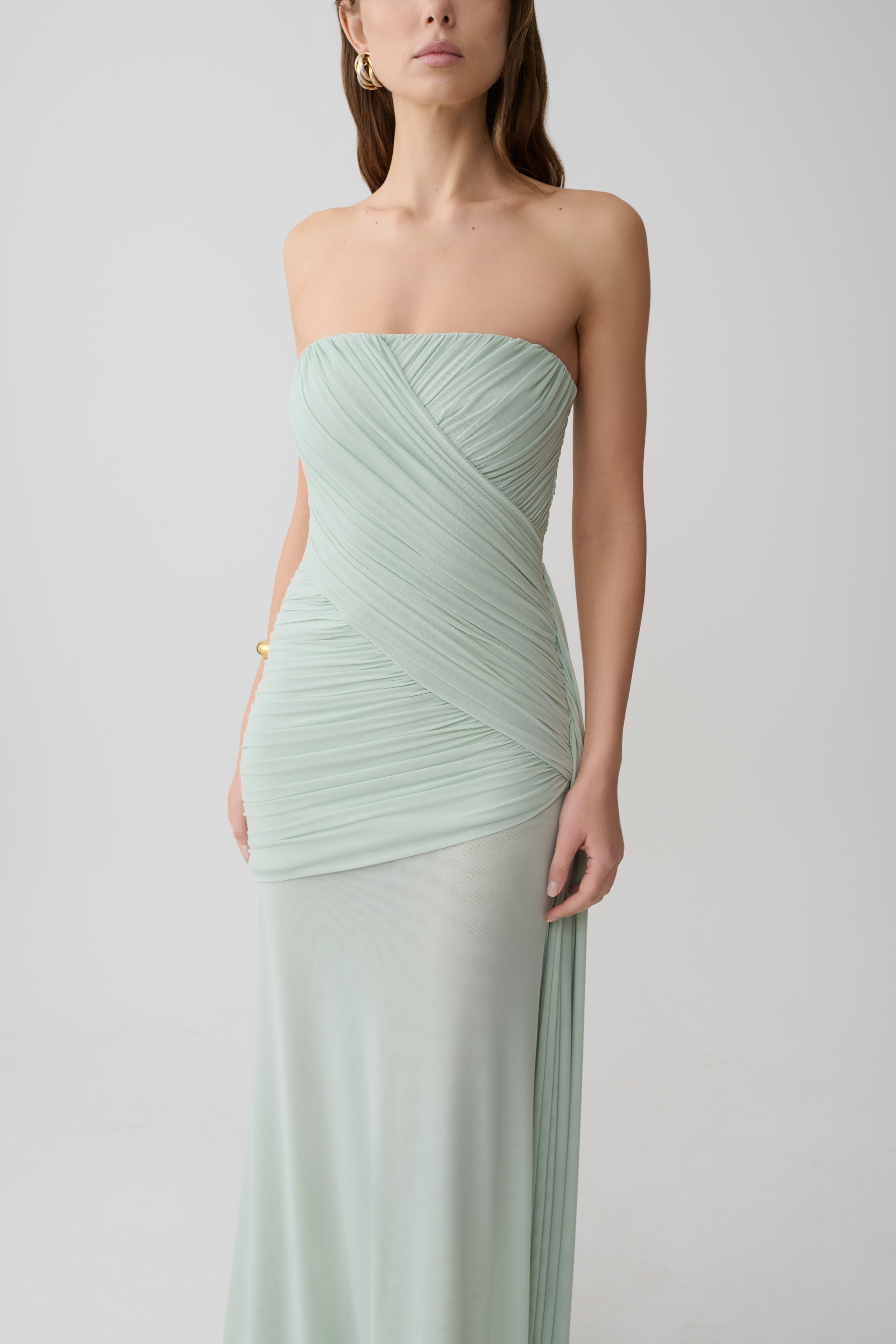 Monet Strapless Ruched Mesh Maxi Dress - Aqua Grey