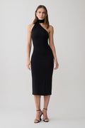 Jemma One Shoulder Tie Midi Dress - Black