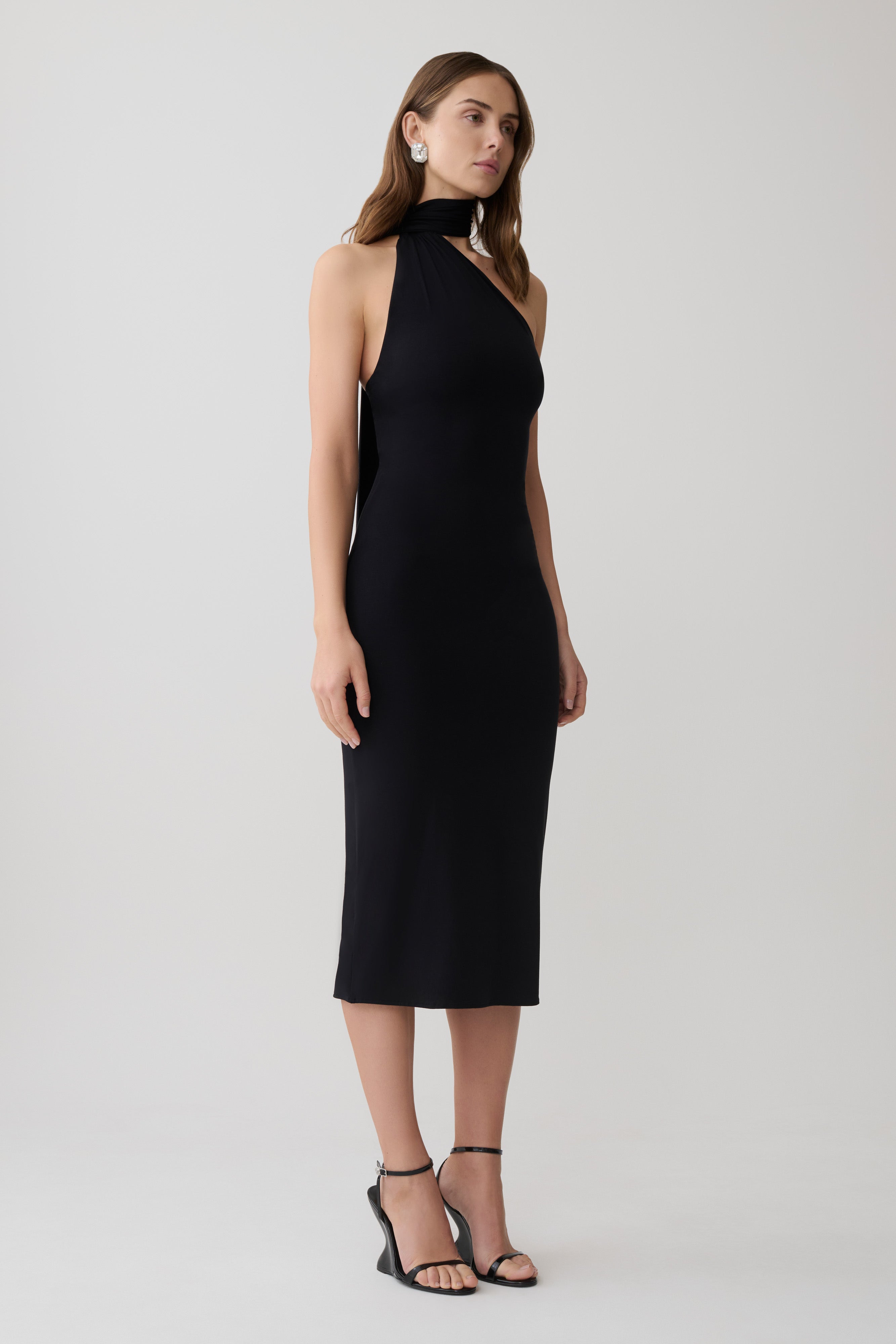 Jemma One Shoulder Tie Midi Dress - Black