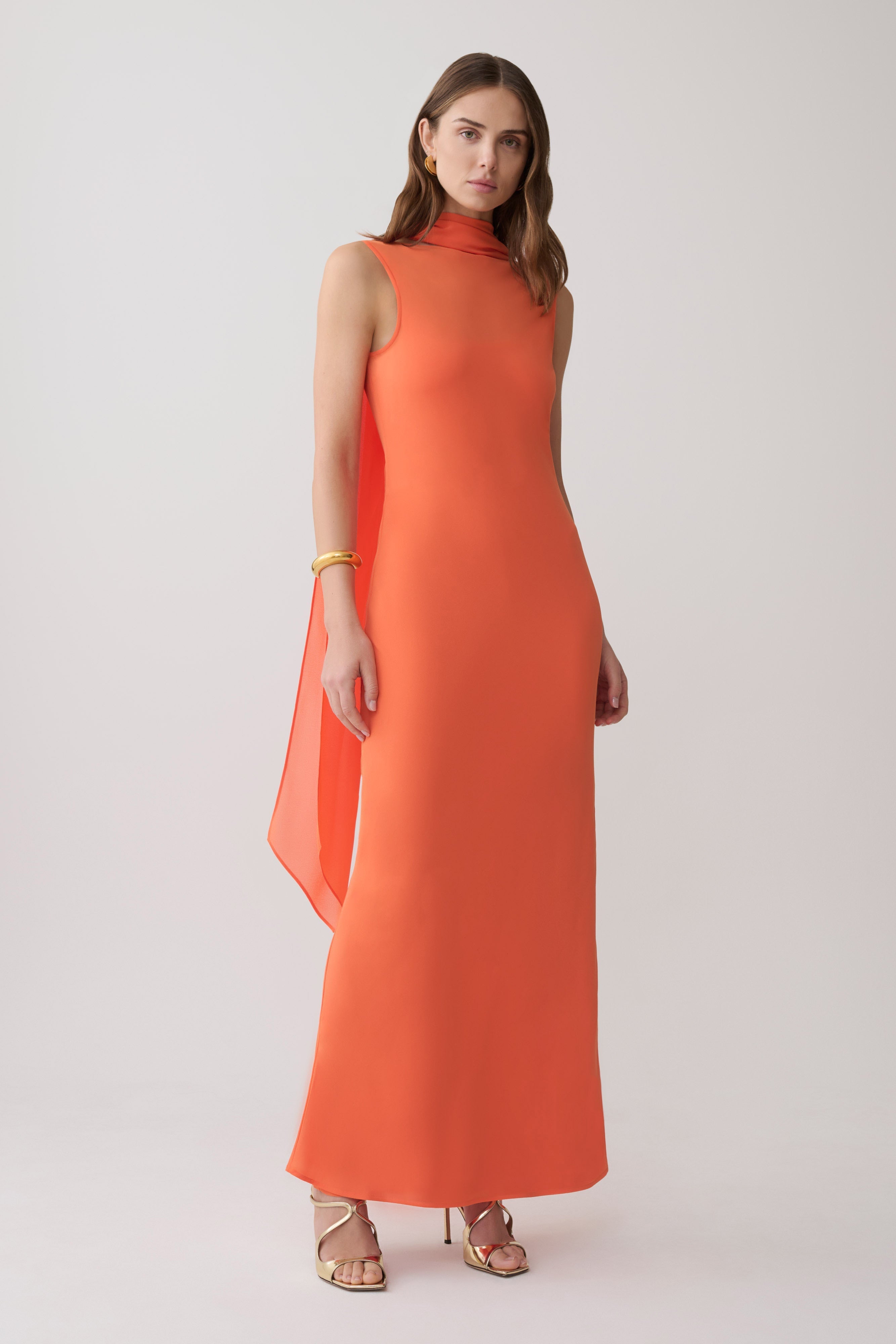 Dakota Chiffon Maxi Dress With Scarf - Orange