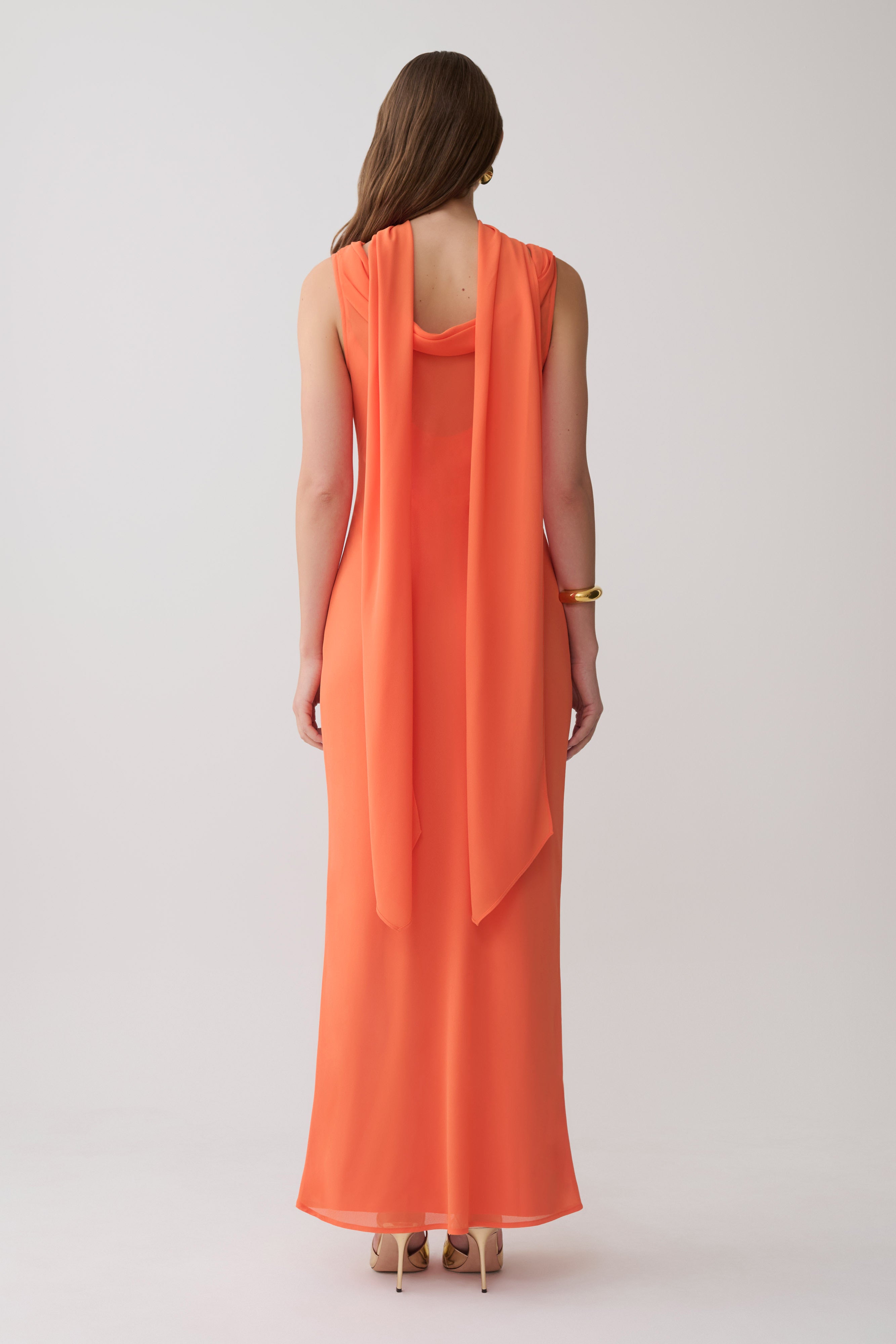 Dakota Chiffon Maxi Dress With Scarf - Orange