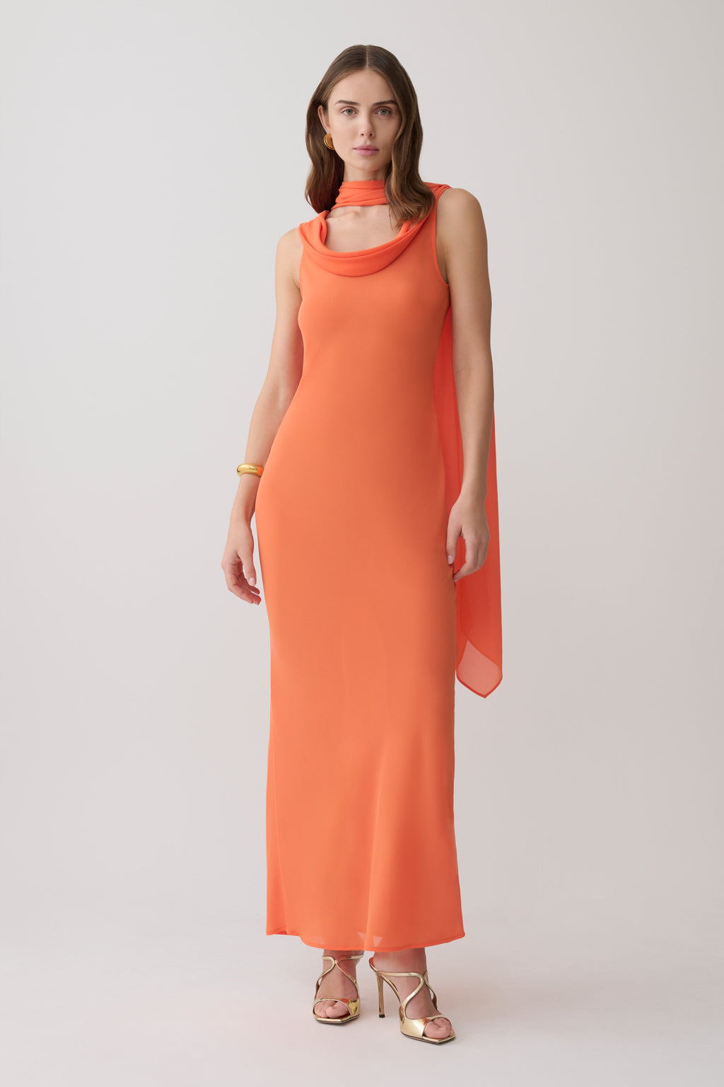 Dakota Chiffon Maxi Dress With Scarf - Orange