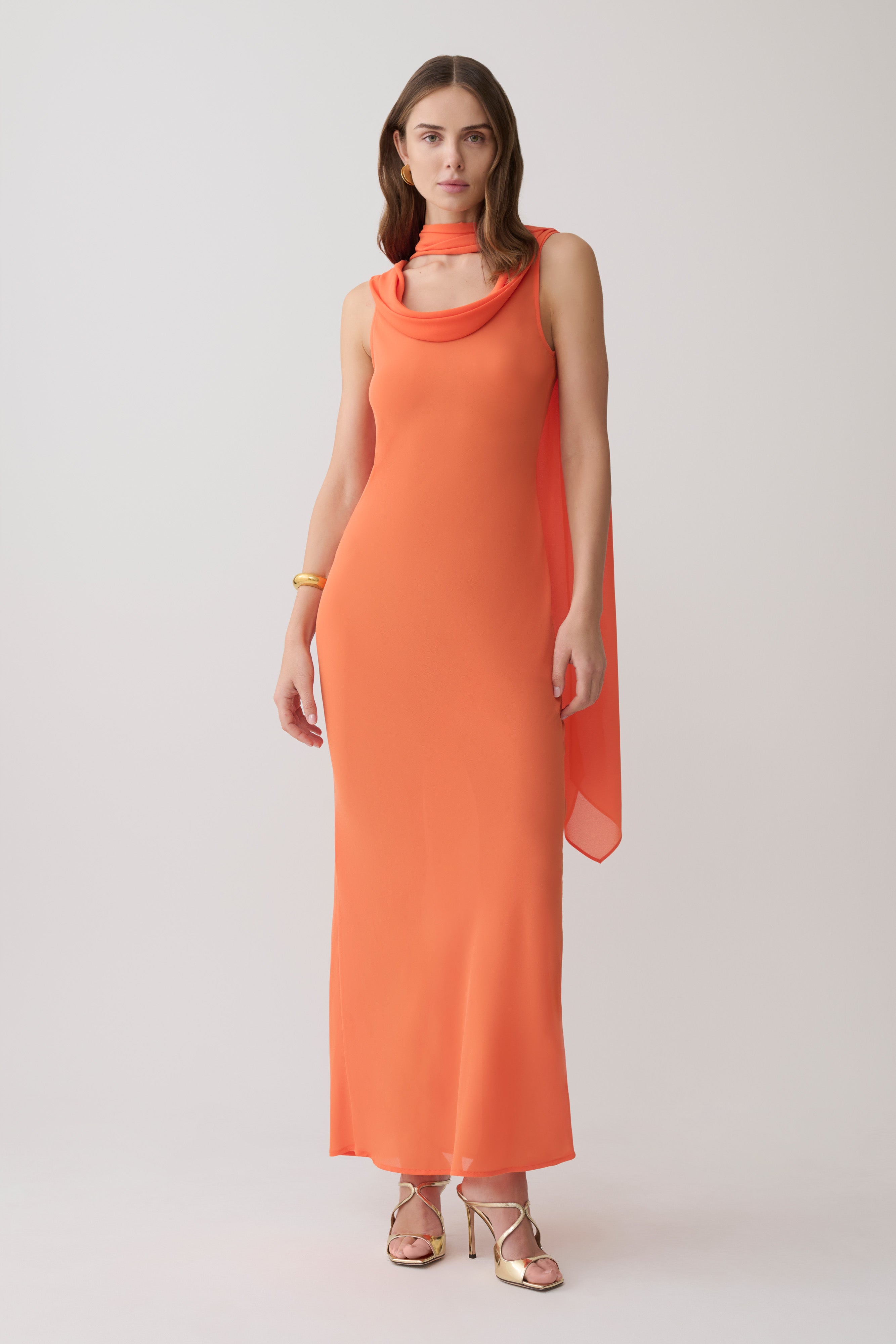 Dakota Chiffon Maxi Dress With Scarf - Orange