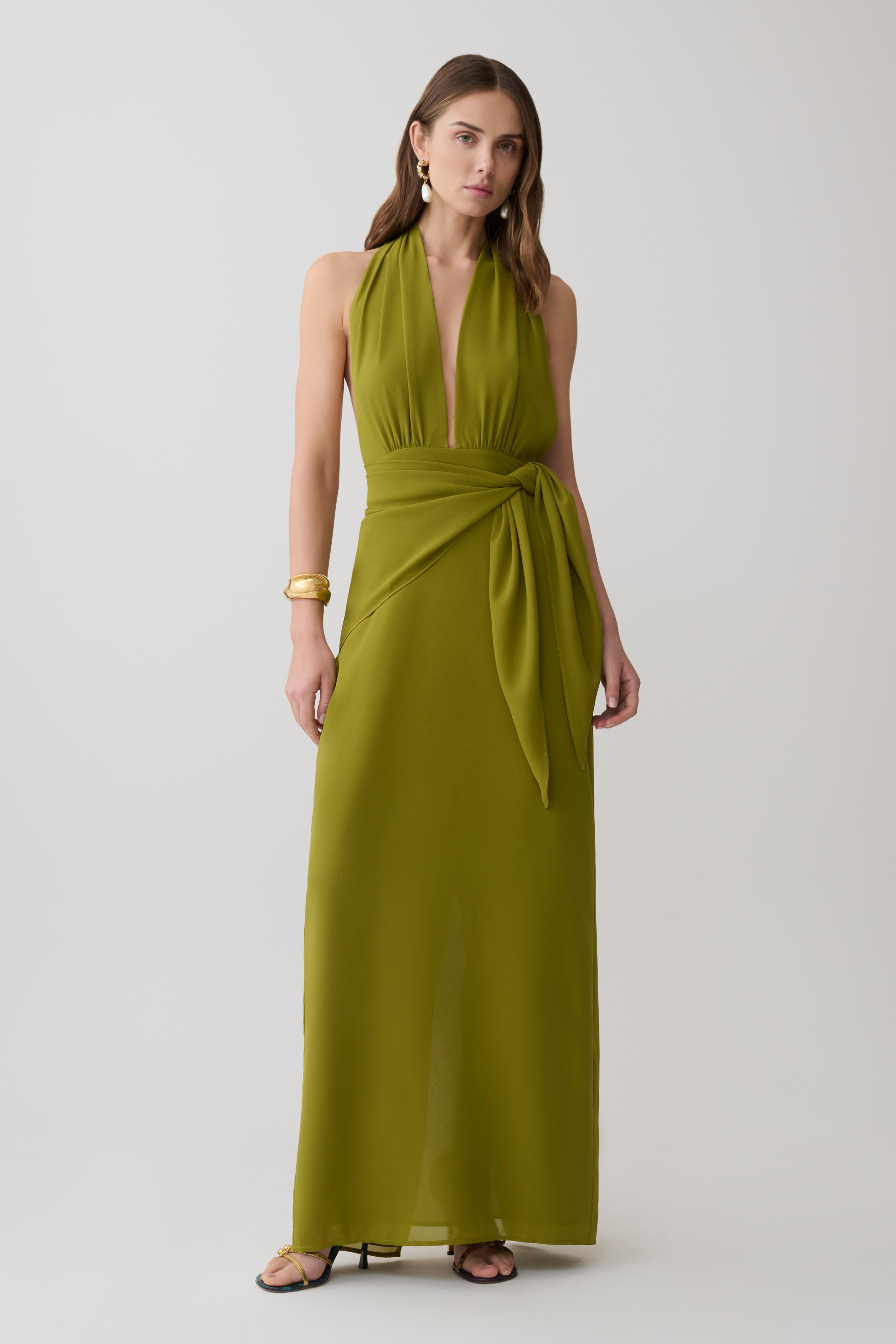 Gianna Satin Halter Maxi Dress - Olive