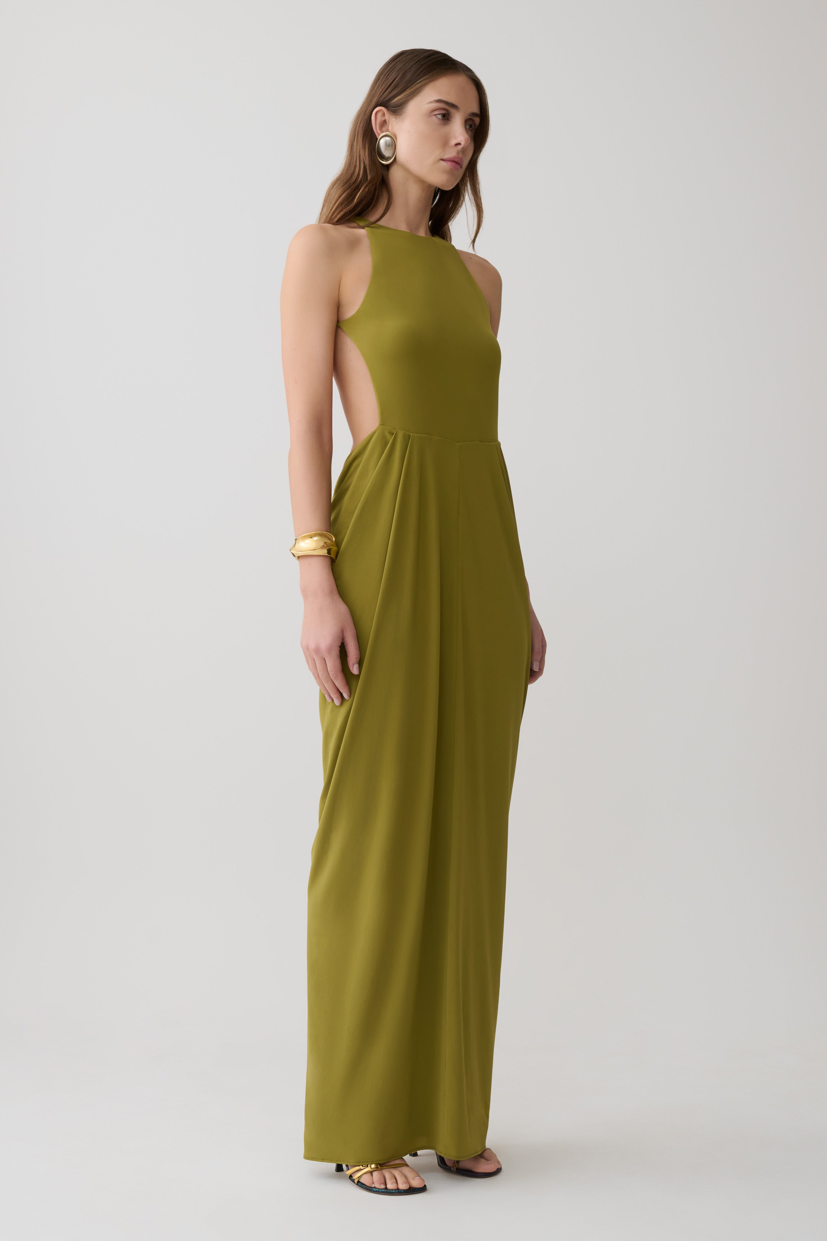 Bahari Low Back Halter Maxi Dress - Vintage Olive