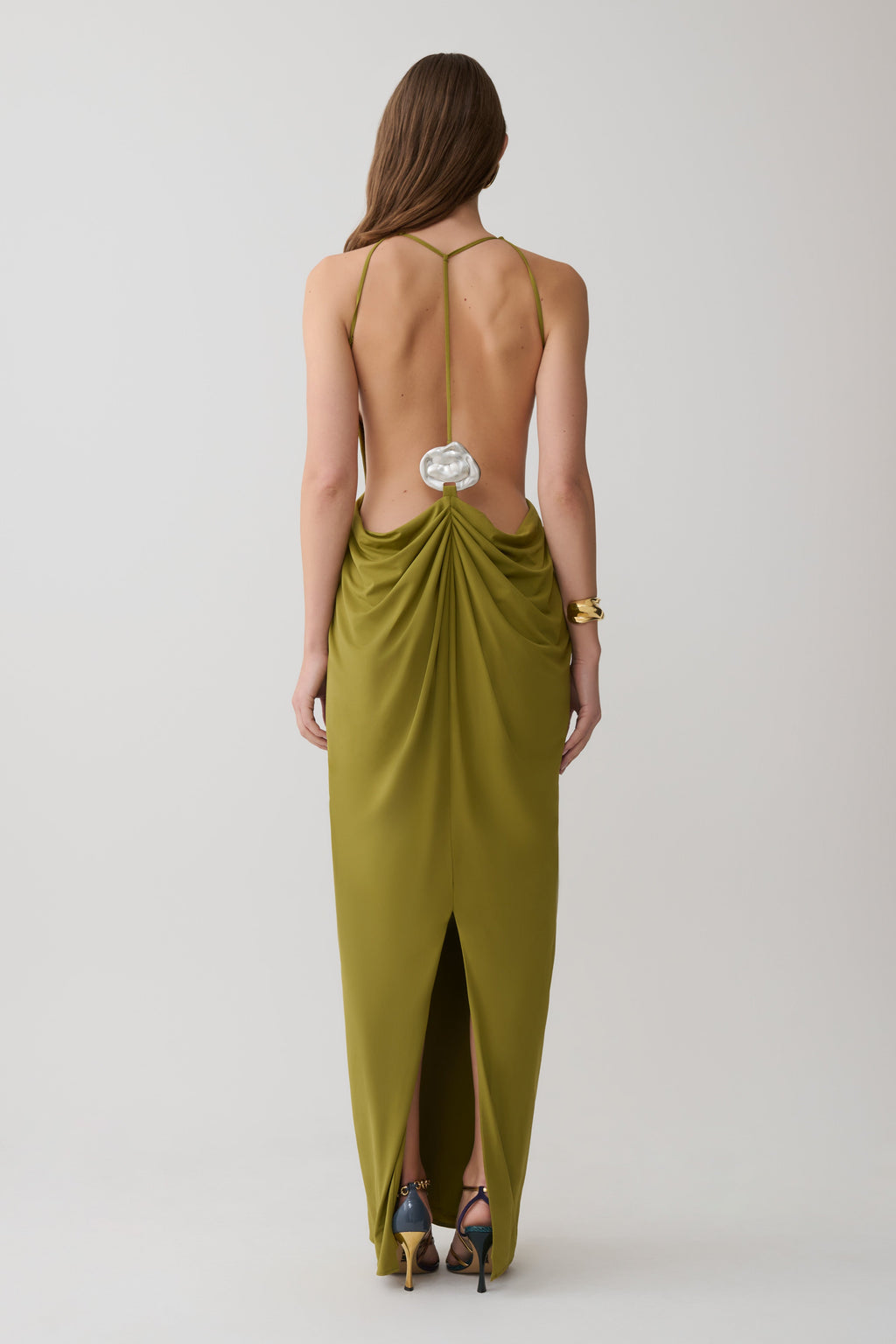 Bahari Low Back Halter Maxi Dress - Vintage Olive