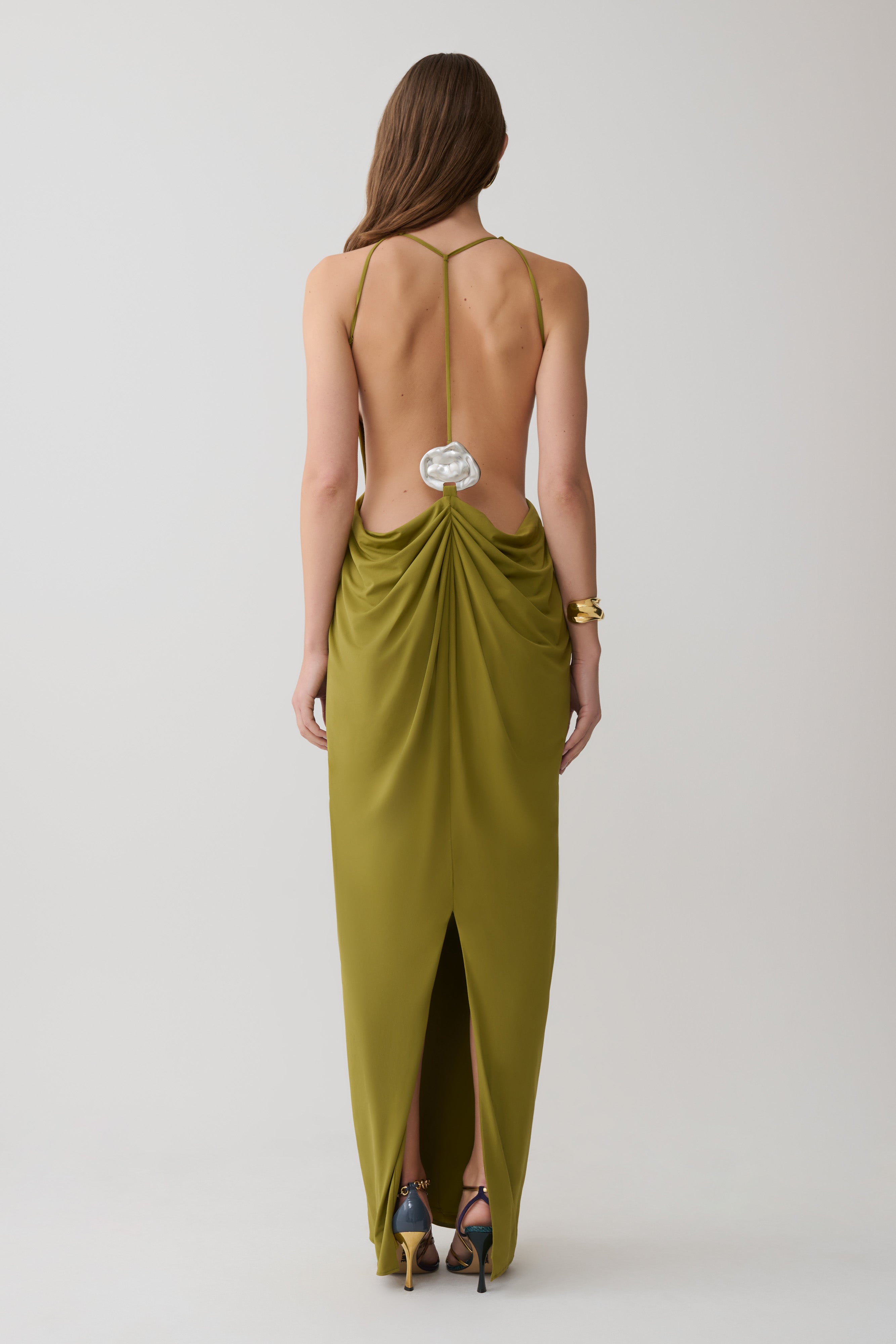 Bahari Low Back Halter Maxi Dress - Vintage Olive