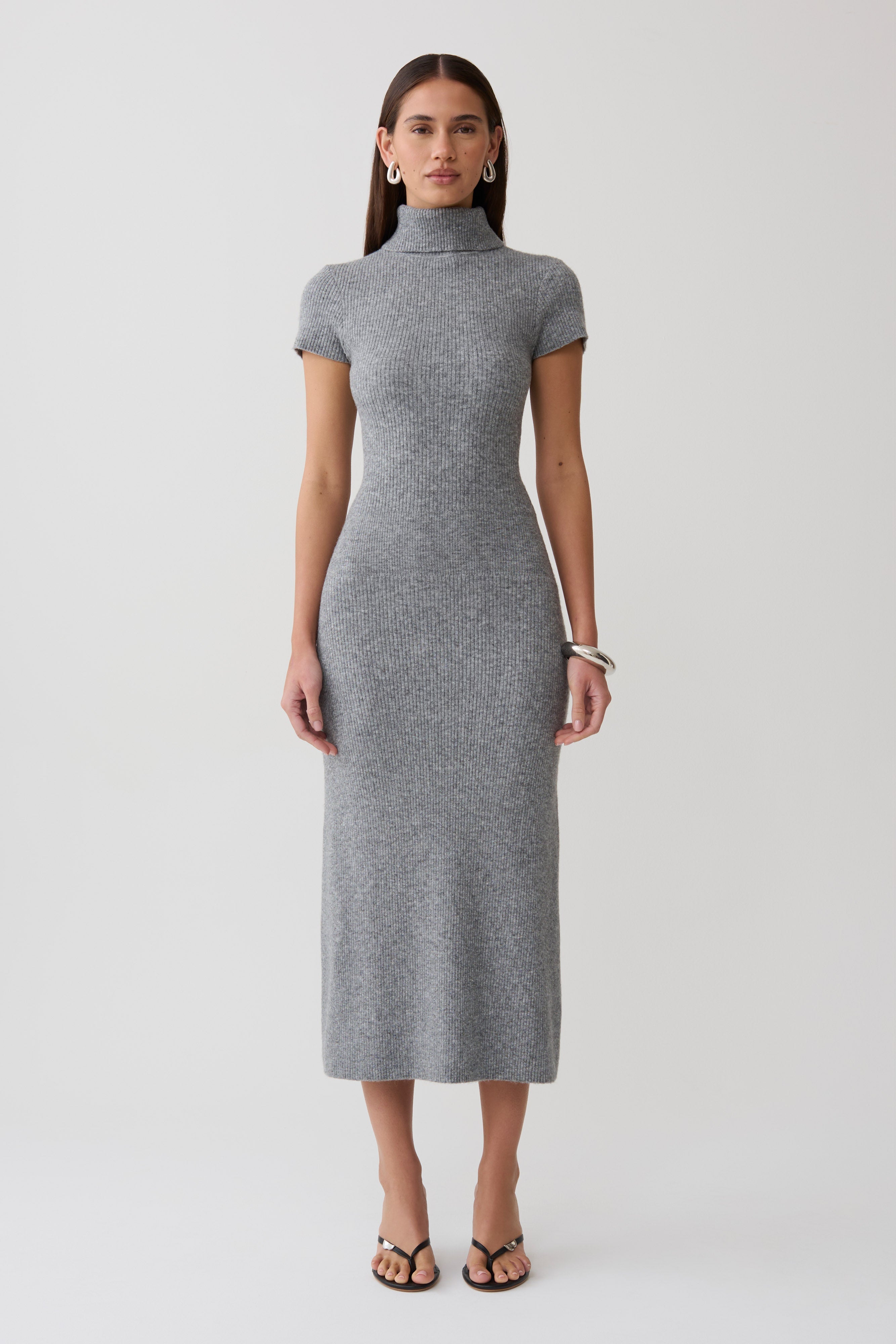 Goldie High Neck Knit Midi Dress - Grey Marle