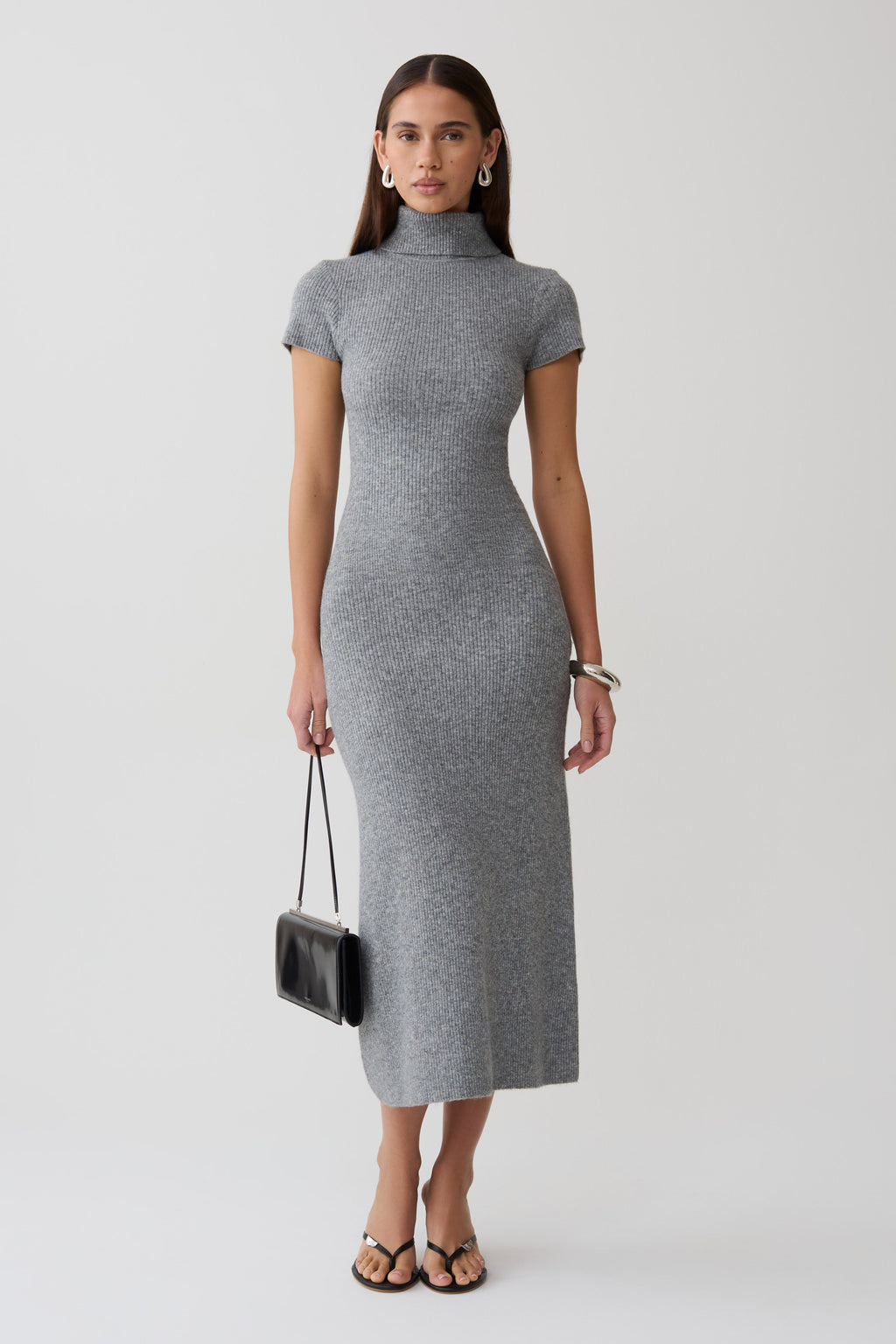 Goldie High Neck Knit Midi Dress - Grey Marle