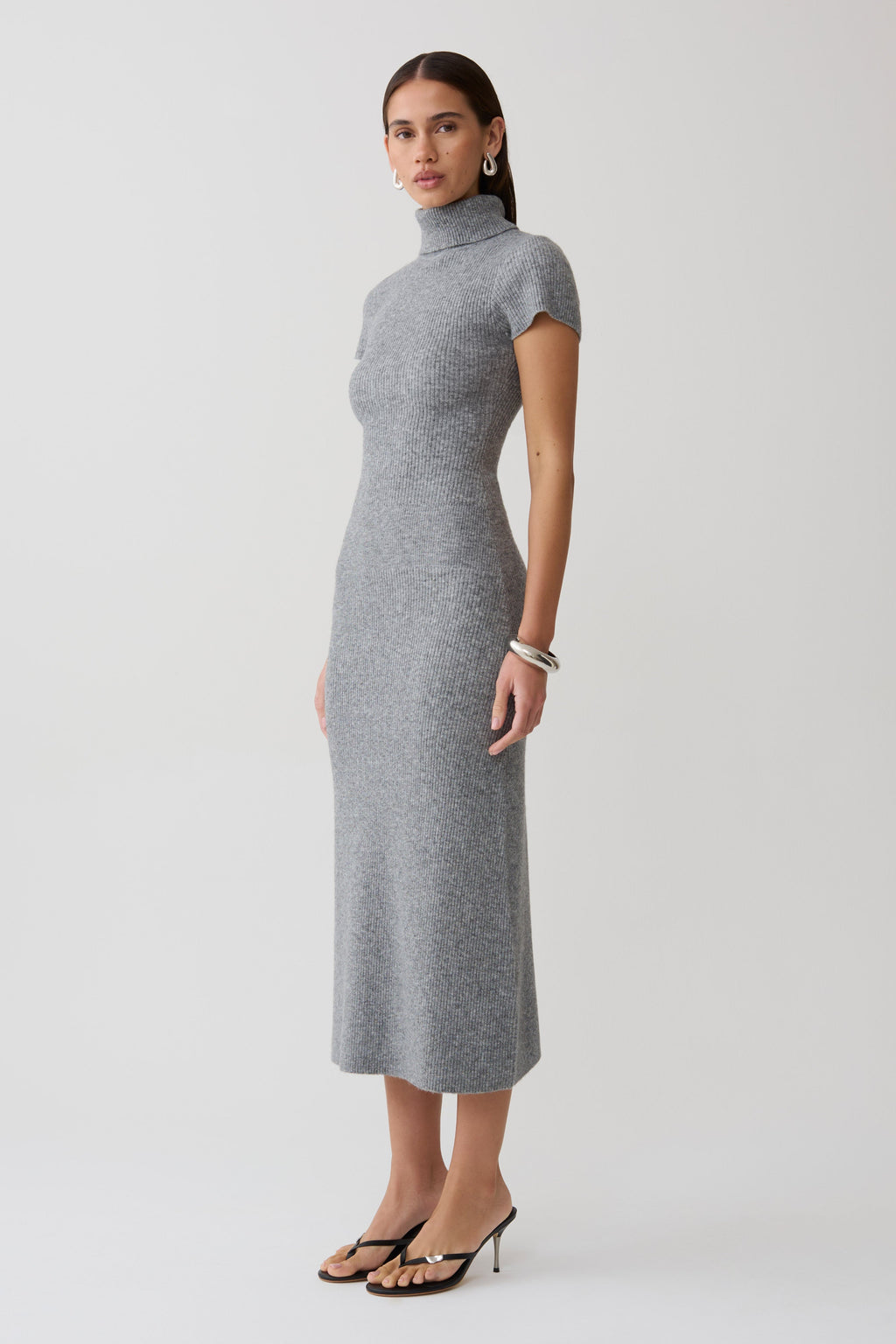 Goldie High Neck Knit Midi Dress - Grey Marle