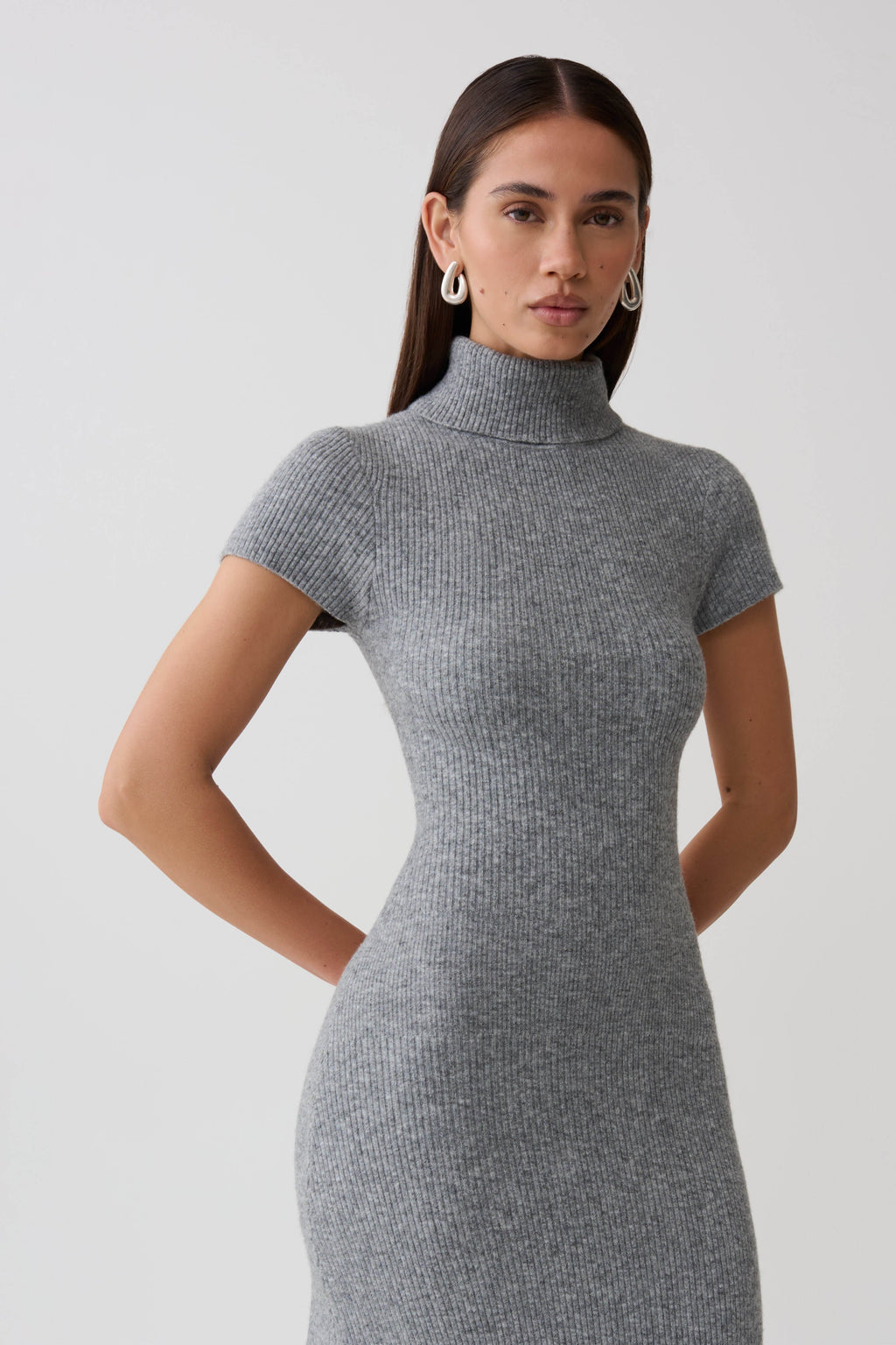 Goldie High Neck Knit Midi Dress - Grey Marle