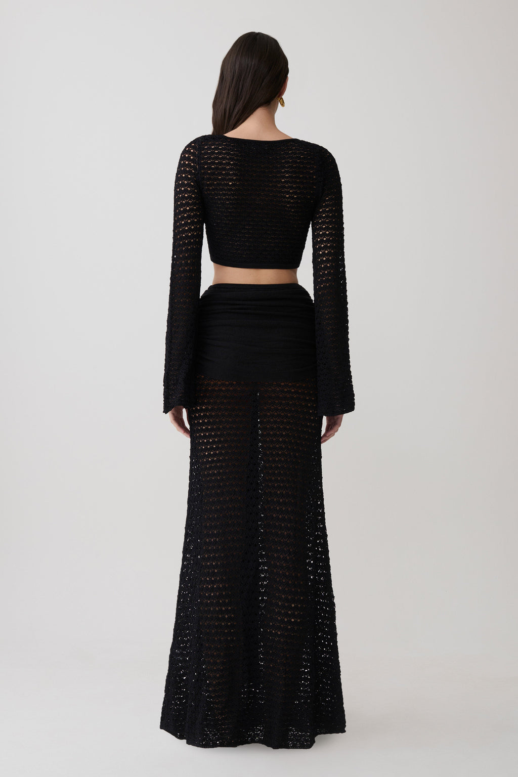 Mania Crochet Long Sleeve Cropped Top - Black