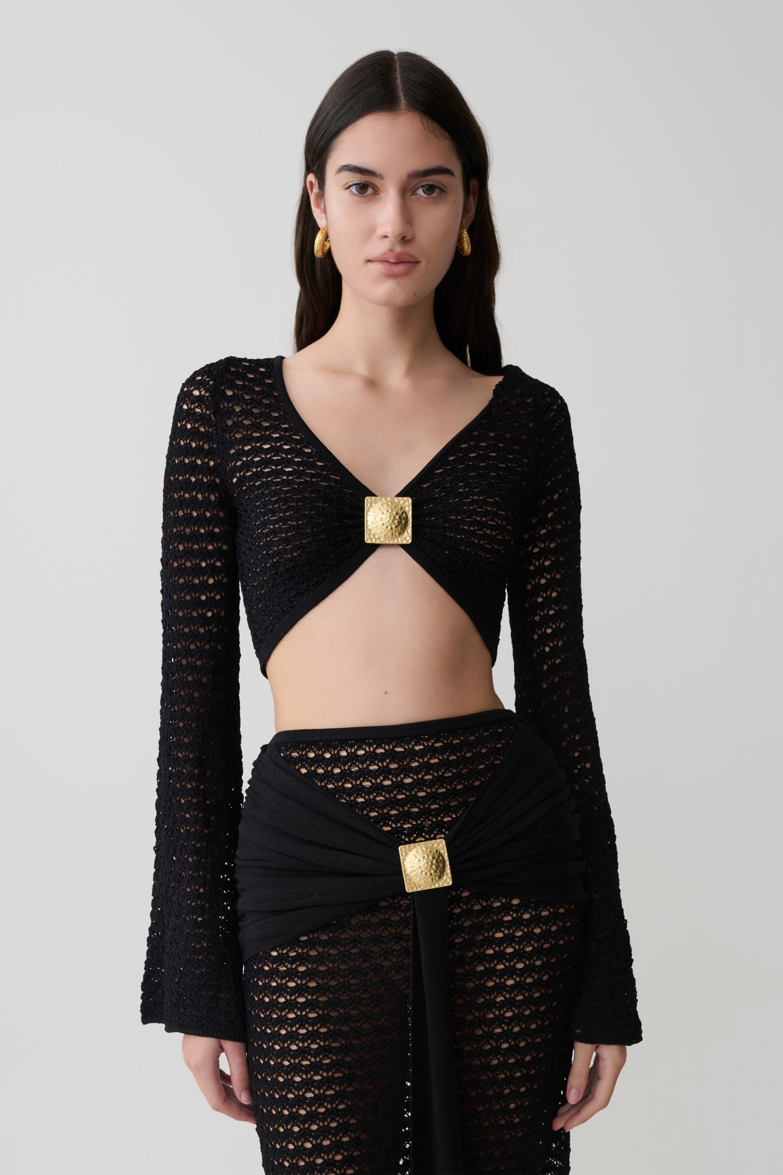 Mania Crochet Long Sleeve Cropped Top - Black