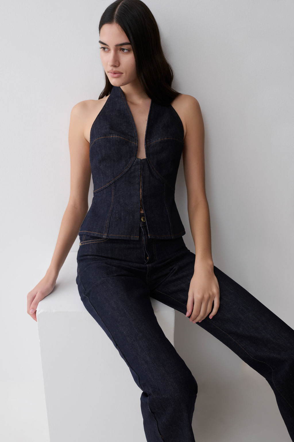 Rema Halter Longline Denim Top - Washed Indigo Blue