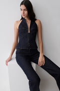 Rema Halter Longline Denim Top - Washed Indigo Blue