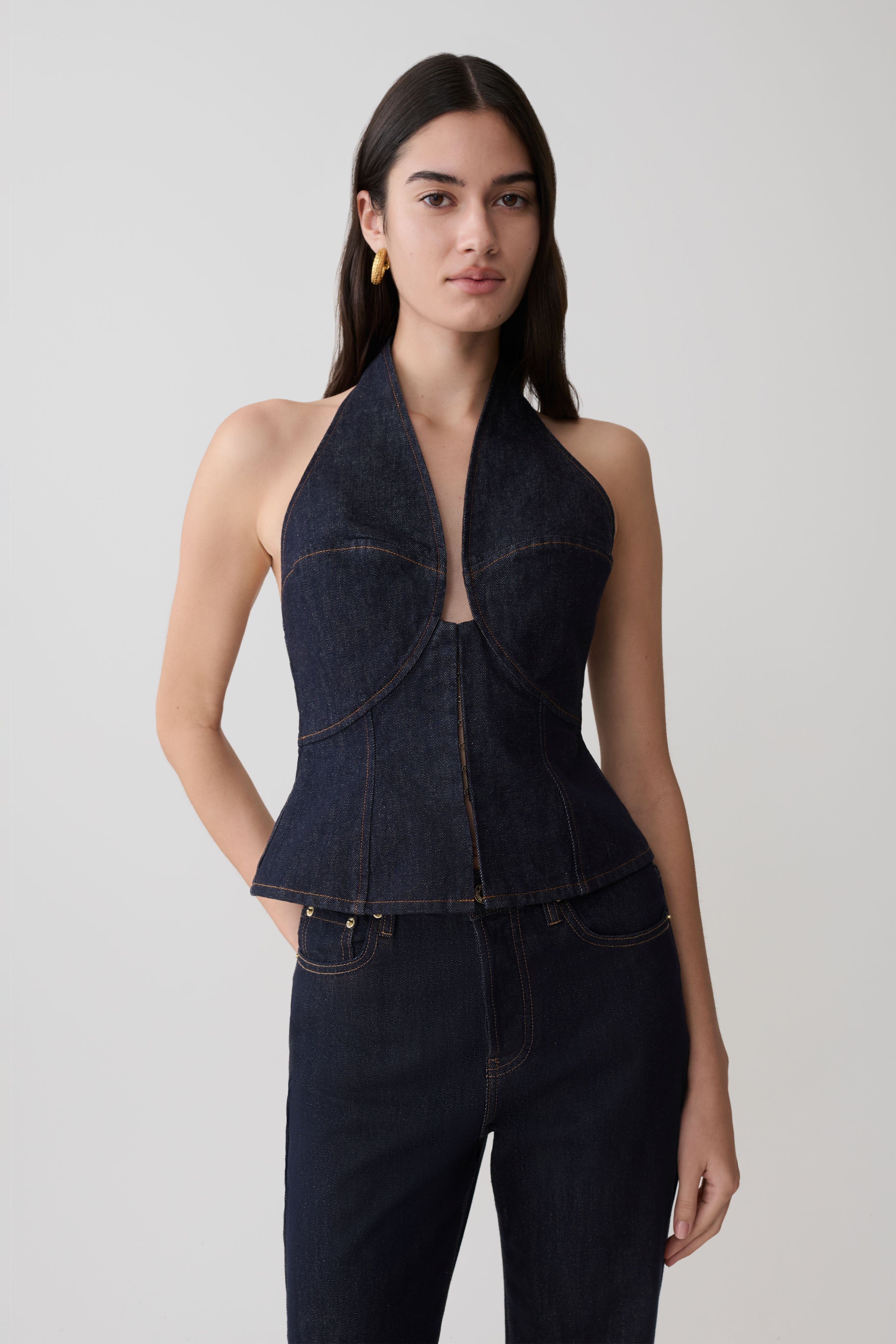 Rema Halter Longline Denim Top - Washed Indigo Blue