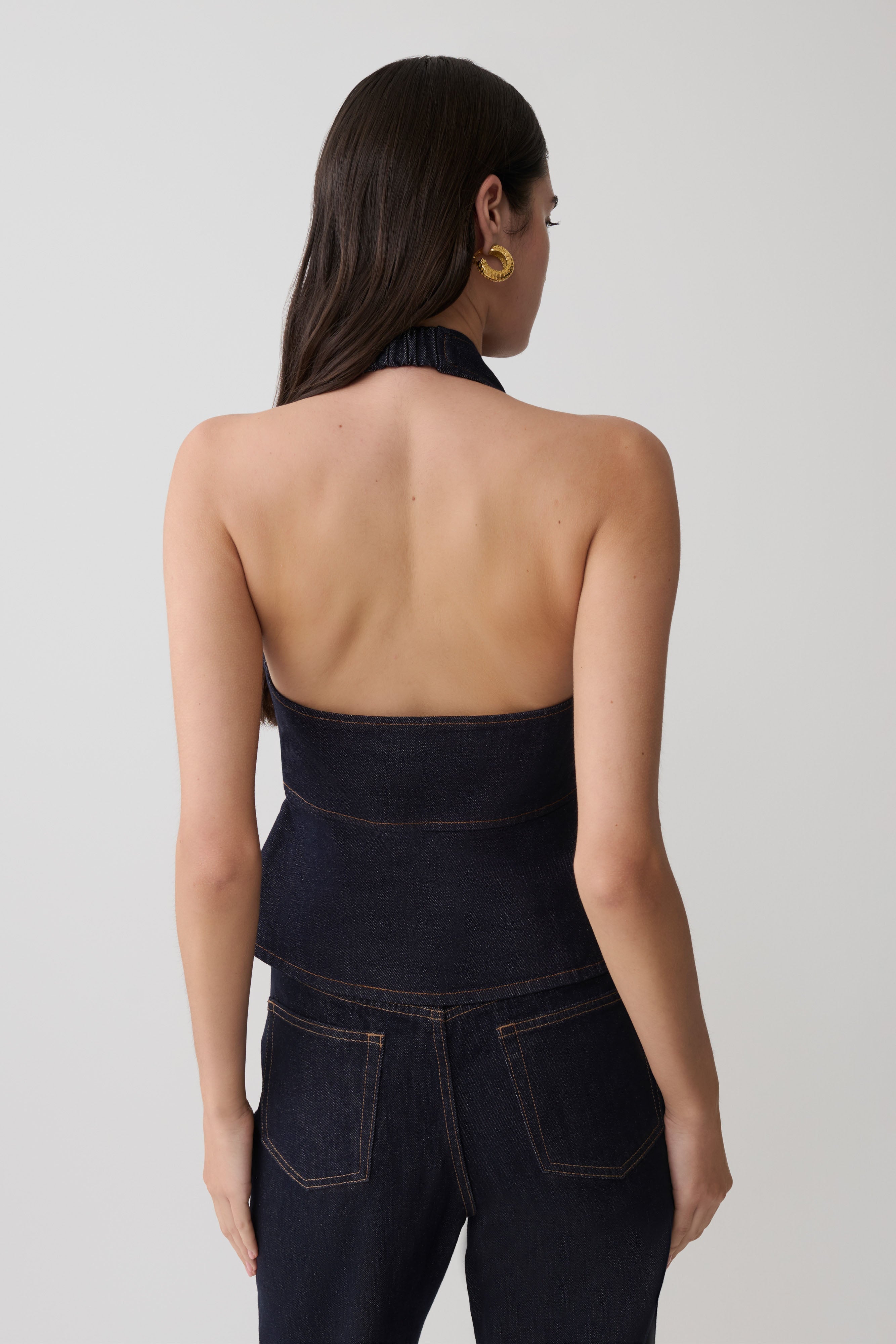 Rema Halter Longline Denim Top - Washed Indigo Blue