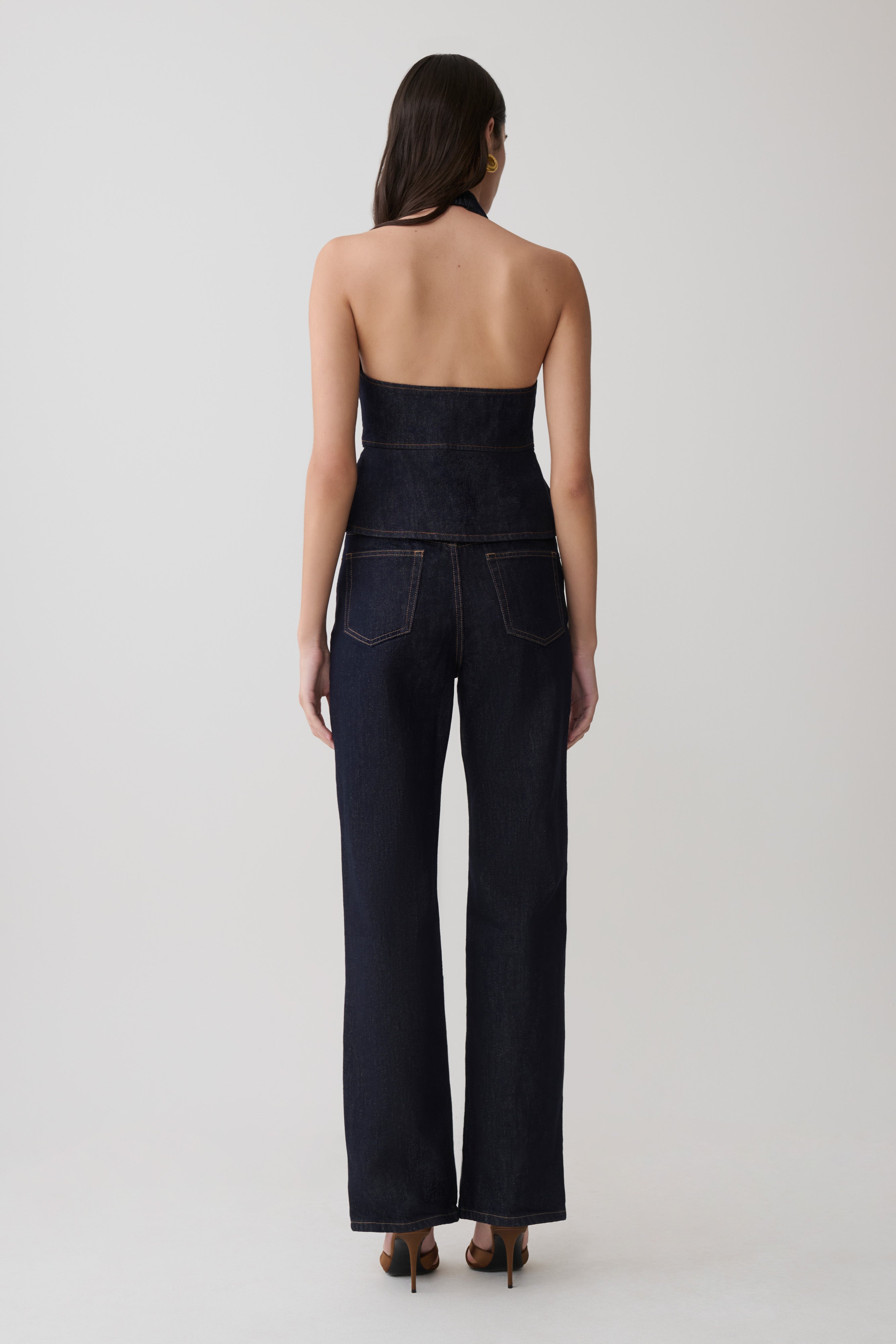 Rema Halter Longline Denim Top - Washed Indigo Blue