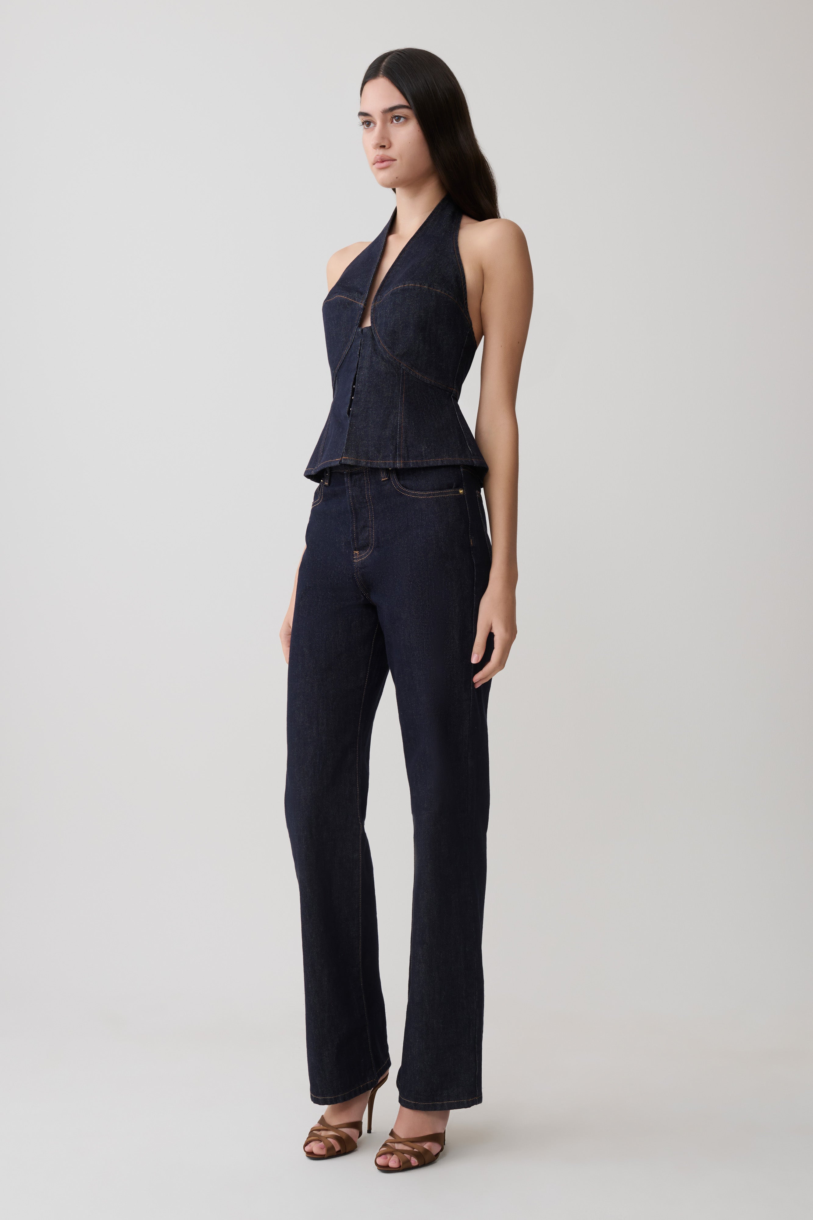 Rema Halter Longline Denim Top - Washed Indigo Blue