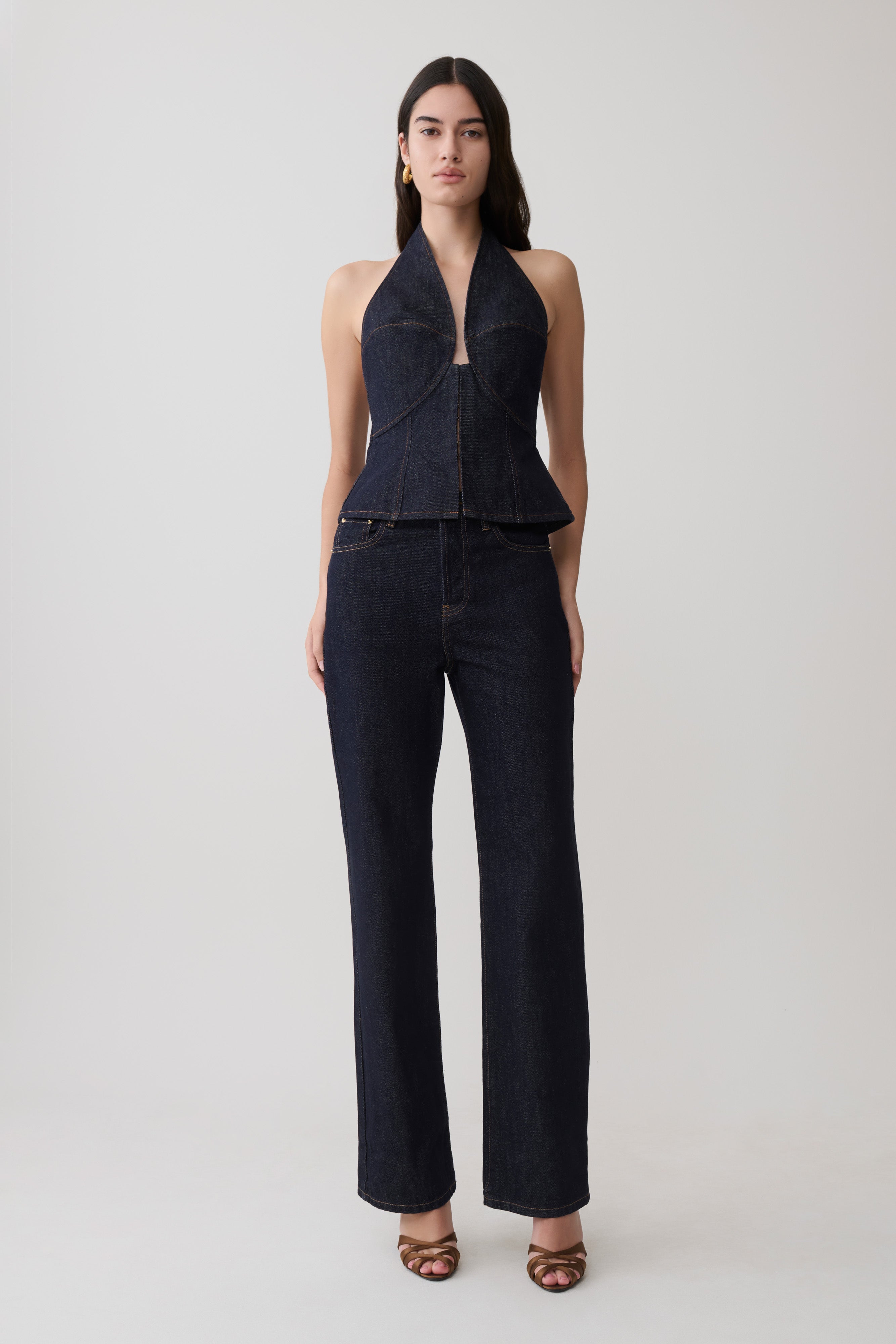 Rema Halter Longline Denim Top - Washed Indigo Blue