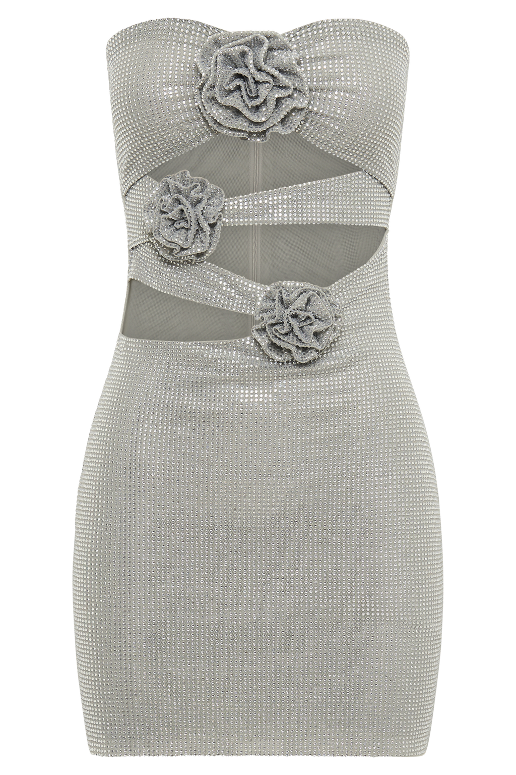 Korinna Strapless Rose Diamante Mini Dress - Silver