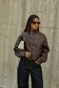 Curtis Faux Leather Bomber Jacket - Dark Chocolate