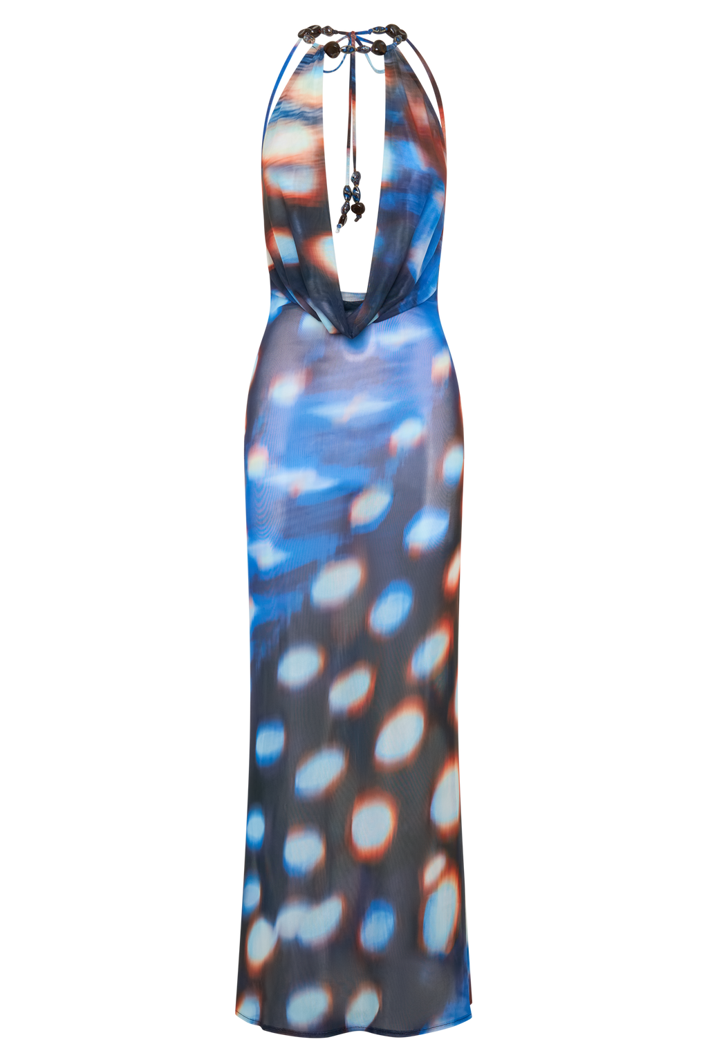 Ethel Mesh Cowl Plunge Maxi - Blue Abstract Print