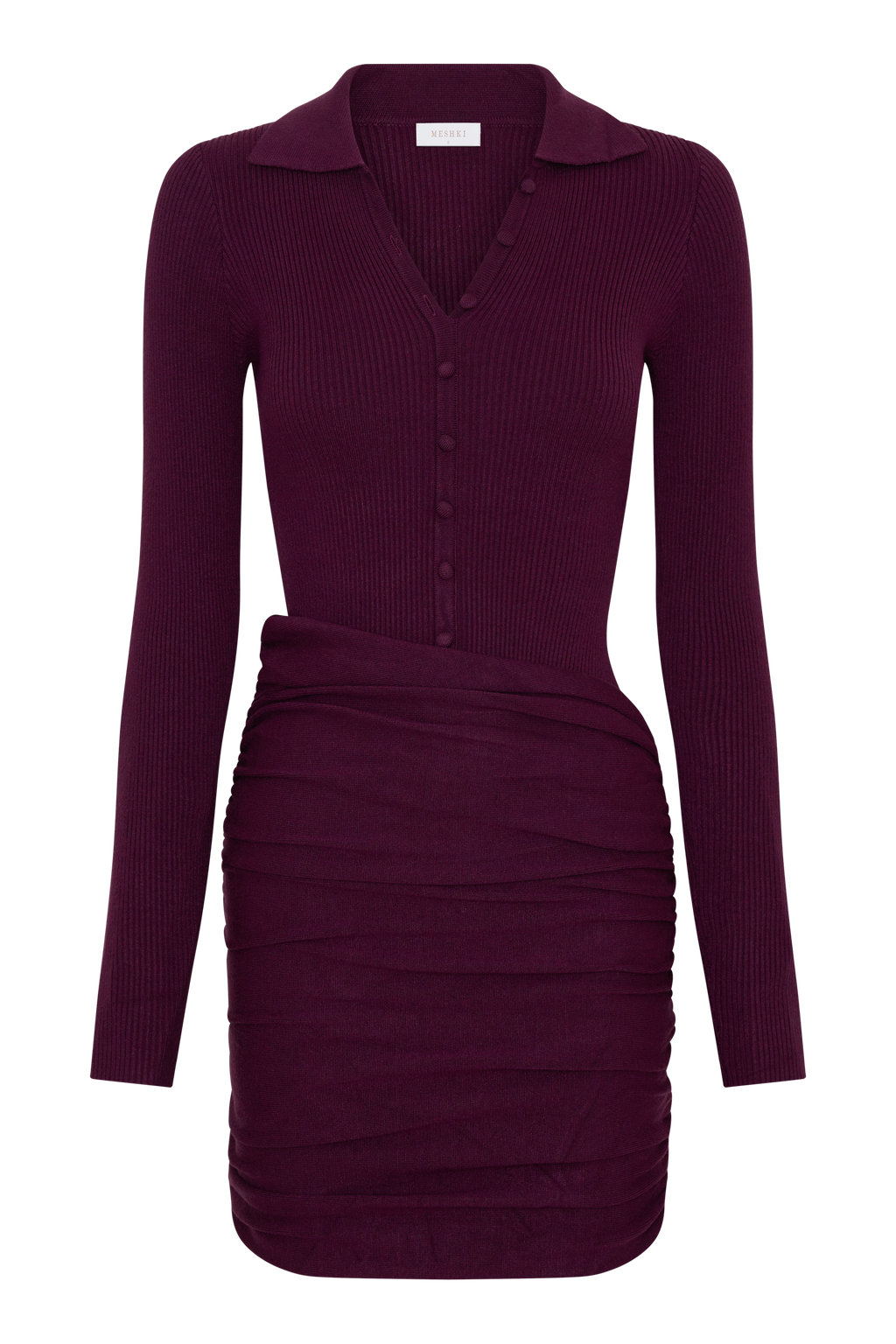 Agness Long Sleeve Button Up Knit Dress - Plum