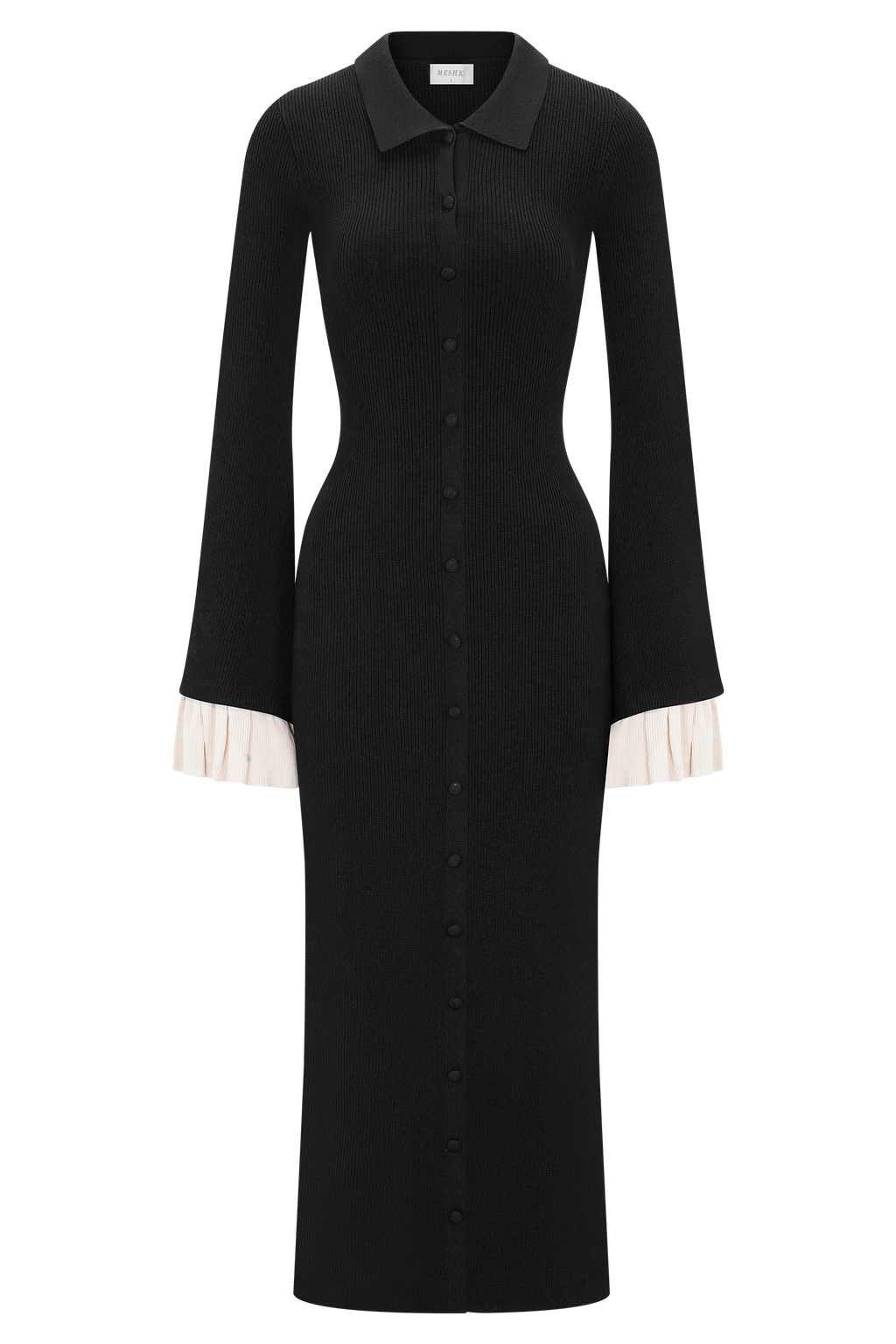 Amirose Ruffle Knit Midi Dress - Black