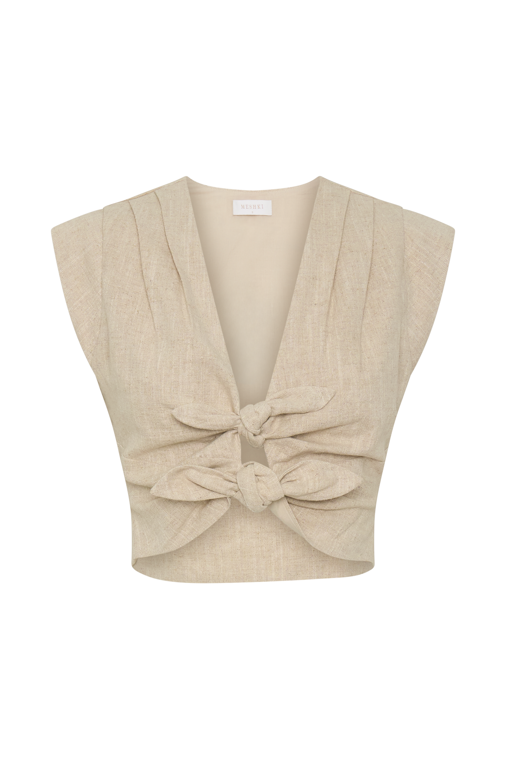 Anahita Linen Front Bows Short Sleeve Top - Natural