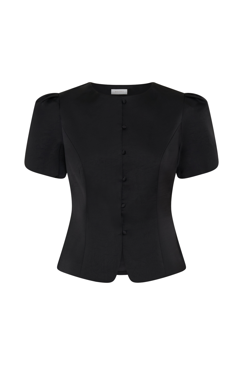 Anne Short Sleeve Satin Top - Black
