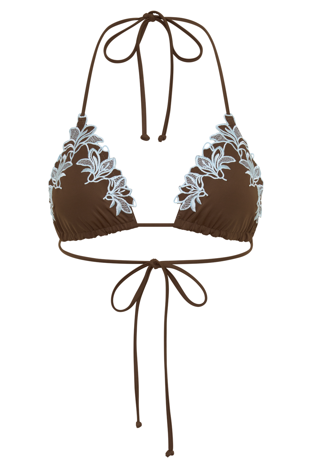 Bloom Embroidered Triangle Bikini Top - Chocolate With Pale Blue Embroidery