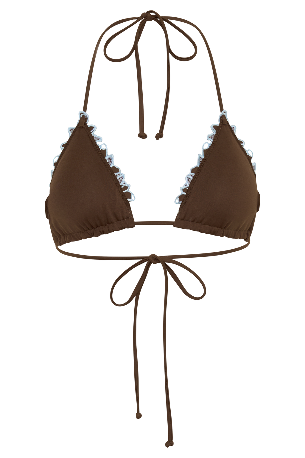 Bloom Embroidered Triangle Bikini Top - Chocolate With Pale Blue Embroidery