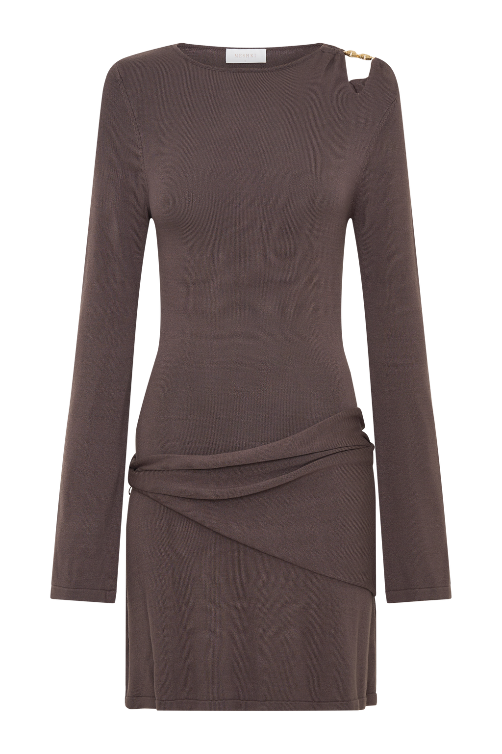 Cresida Knit Long Sleeve Mini Dress With Hardware - Peppercorn