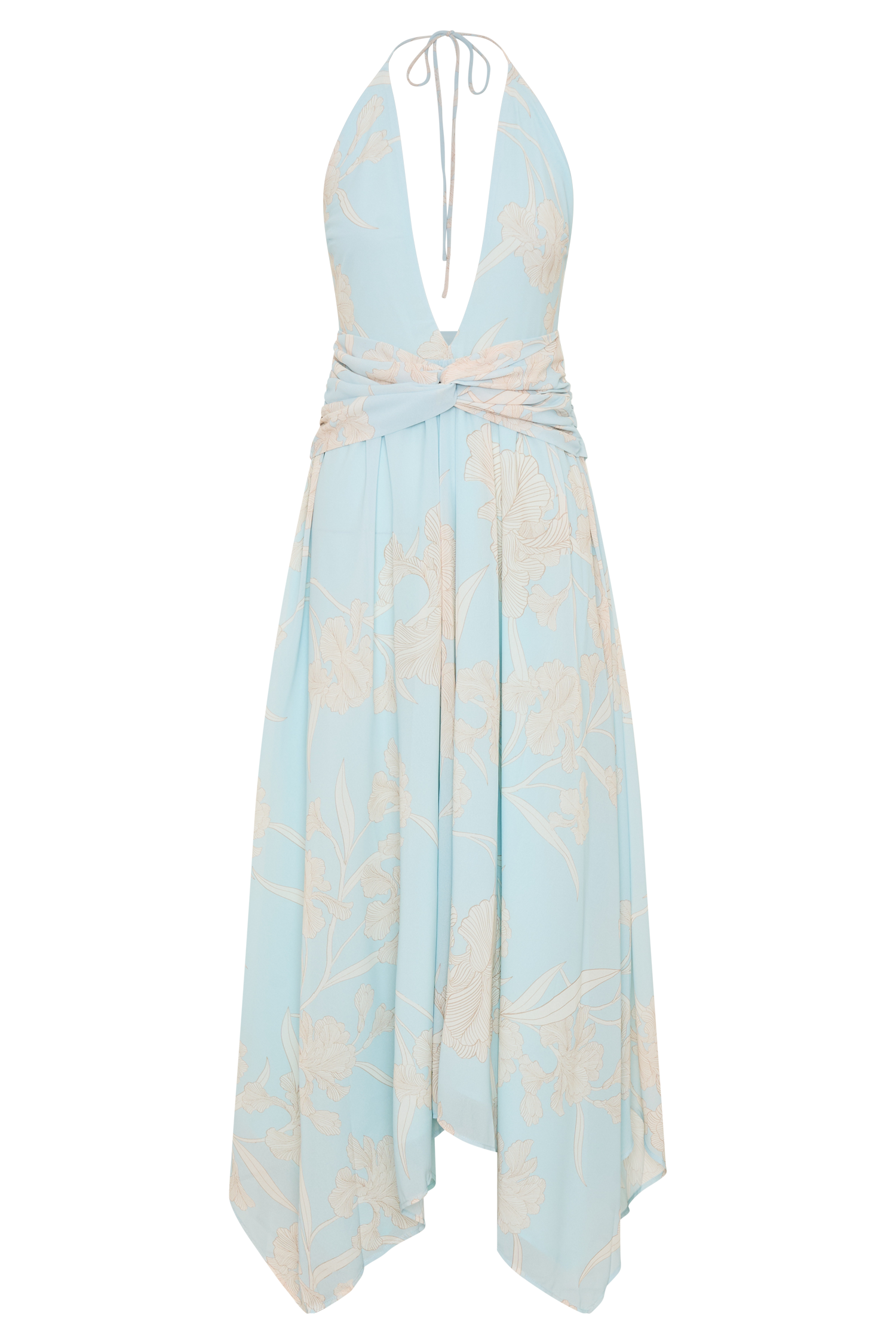 Cyra Plunge Chiffon Midi Dress - Blue Floral Print