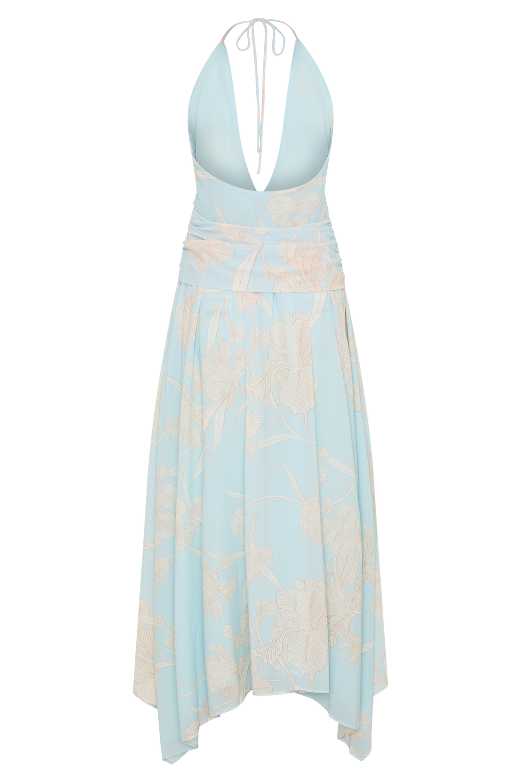 Cyra Plunge Chiffon Midi Dress - Blue Floral Print