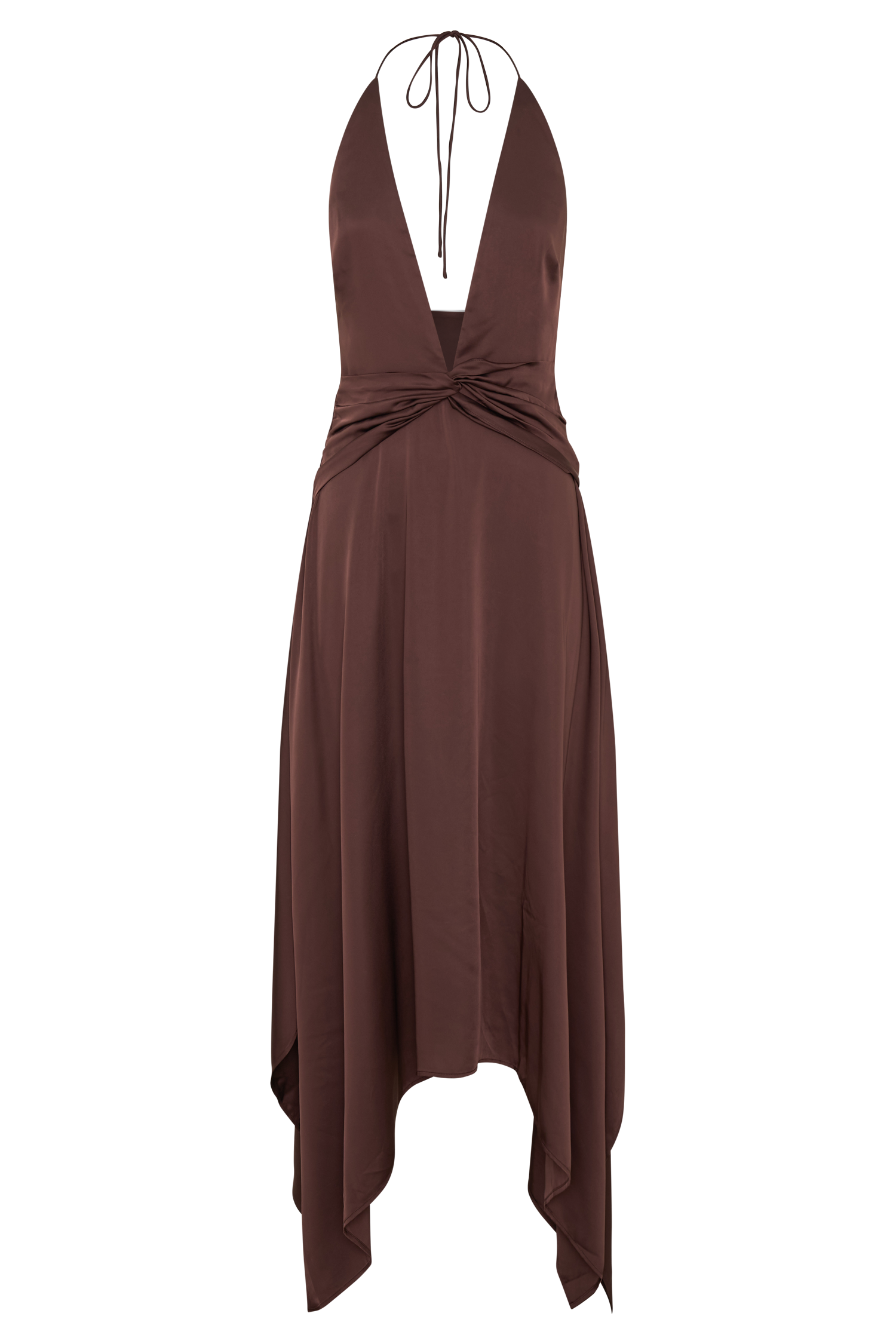 Cyra Plunge Satin Midi Dress - Dark Chocolate