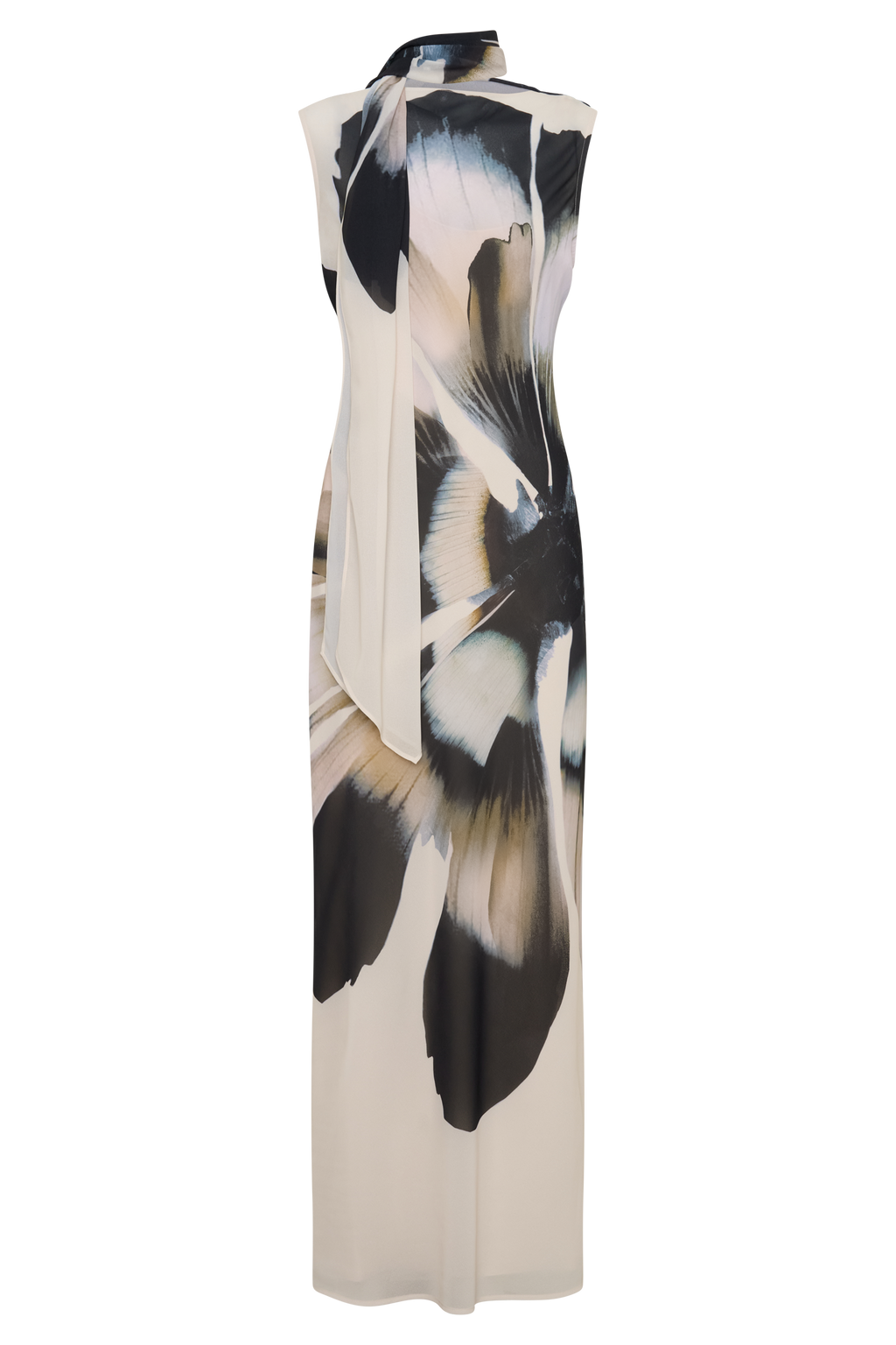 Dakota Chiffon Maxi Dress With Scarf - Ivory Oversized Floral Print