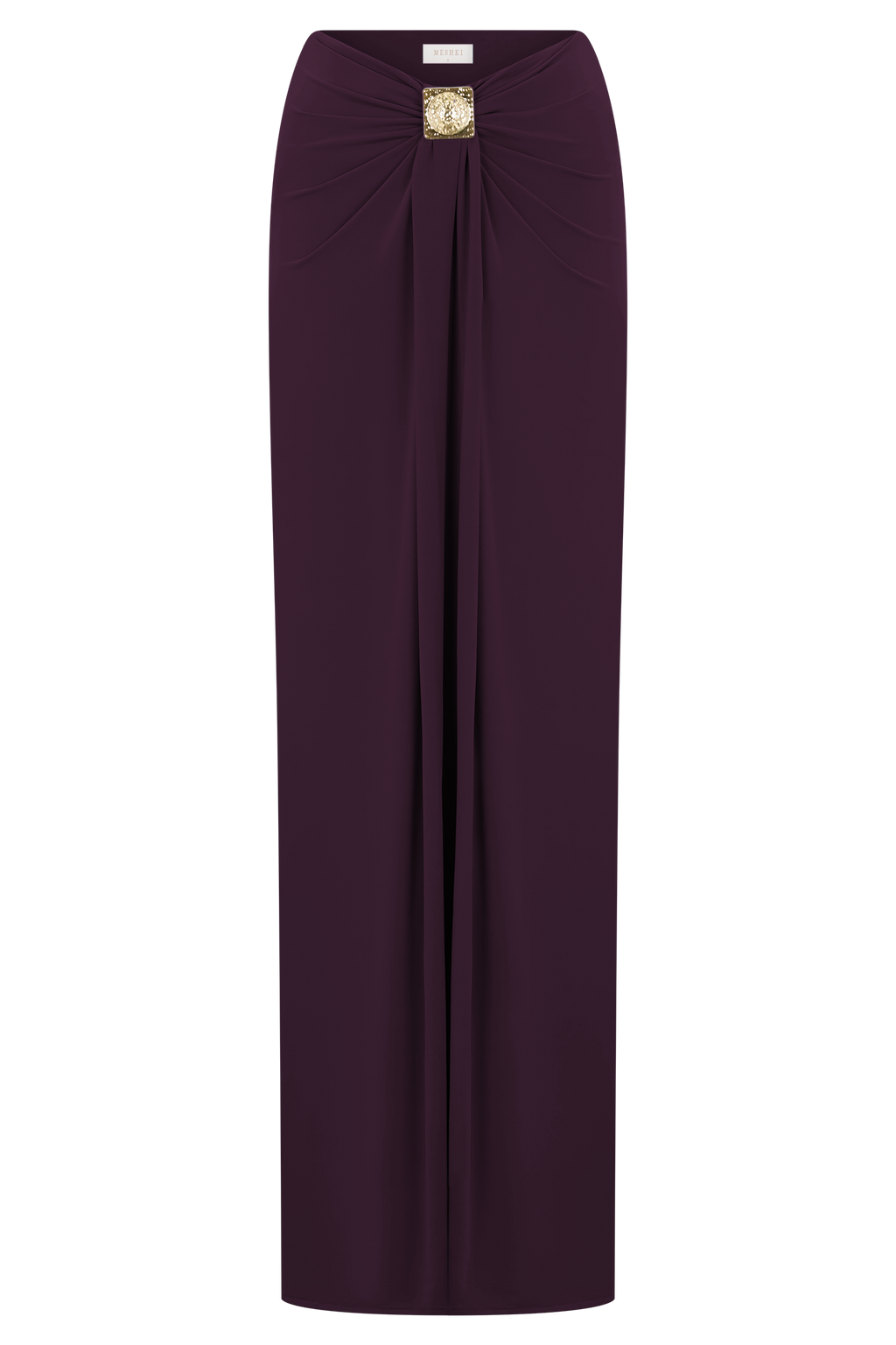 Erina Slinky Ruched Maxi Skirt With Hardware - Aubergine