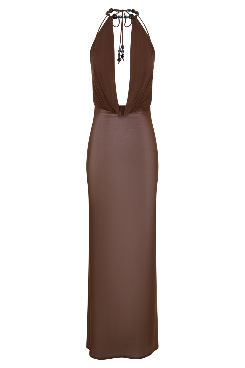Ethal Mesh Cowl Neck Beaded Maxi Dress - Chocolate