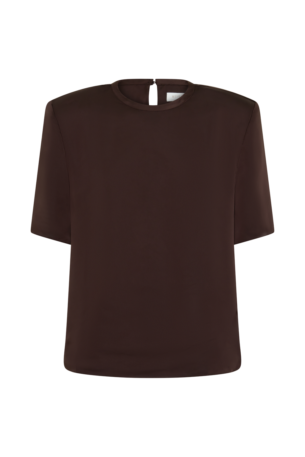 Harlyn Shoulder Pad Short Sleeve Satin Top - Dark Chocolate